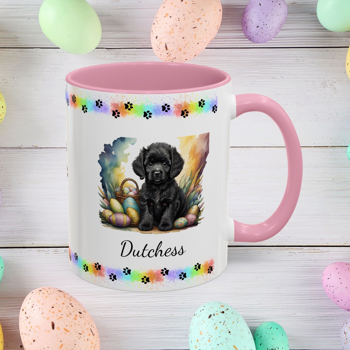Adorable black Poodle Easter puppy coffee mug personalized dog gift, perfect for mental health awareness and spring joy.