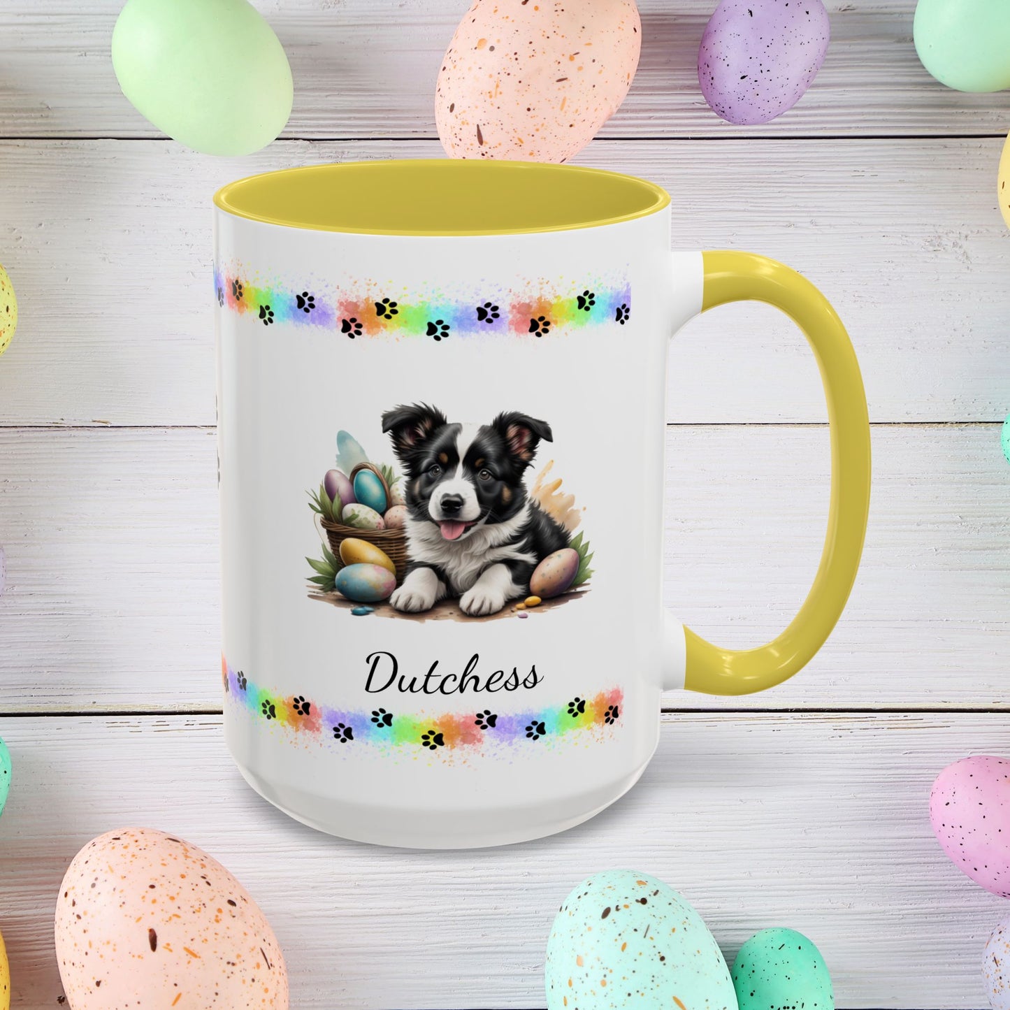 Border Collie Black & White Easter puppy coffee mug, personalized cute dog gift for mental health support