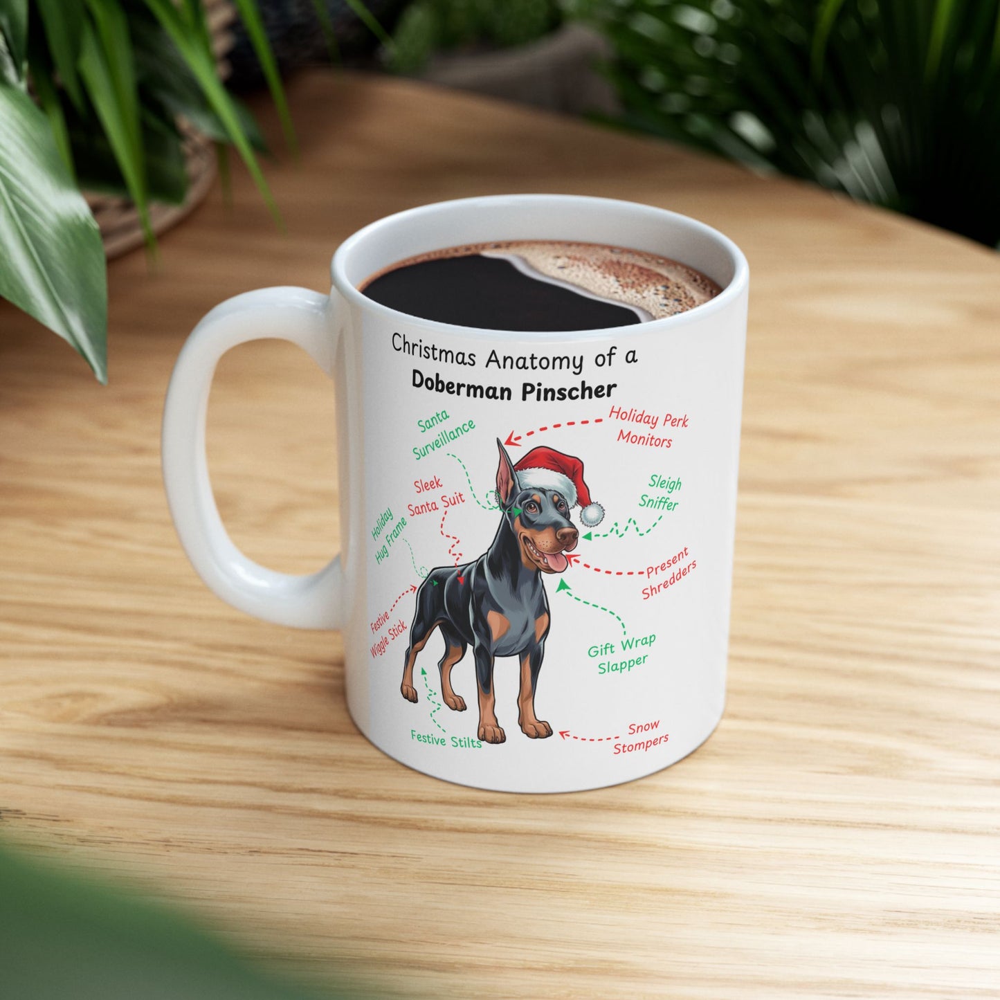 Doberman Pinscher (Blue & Rust) Personalized Christmas Dog Anatomy Mug, Funny Holiday Gift for Dog Lovers, Festive Dog Breed Coffee Cup