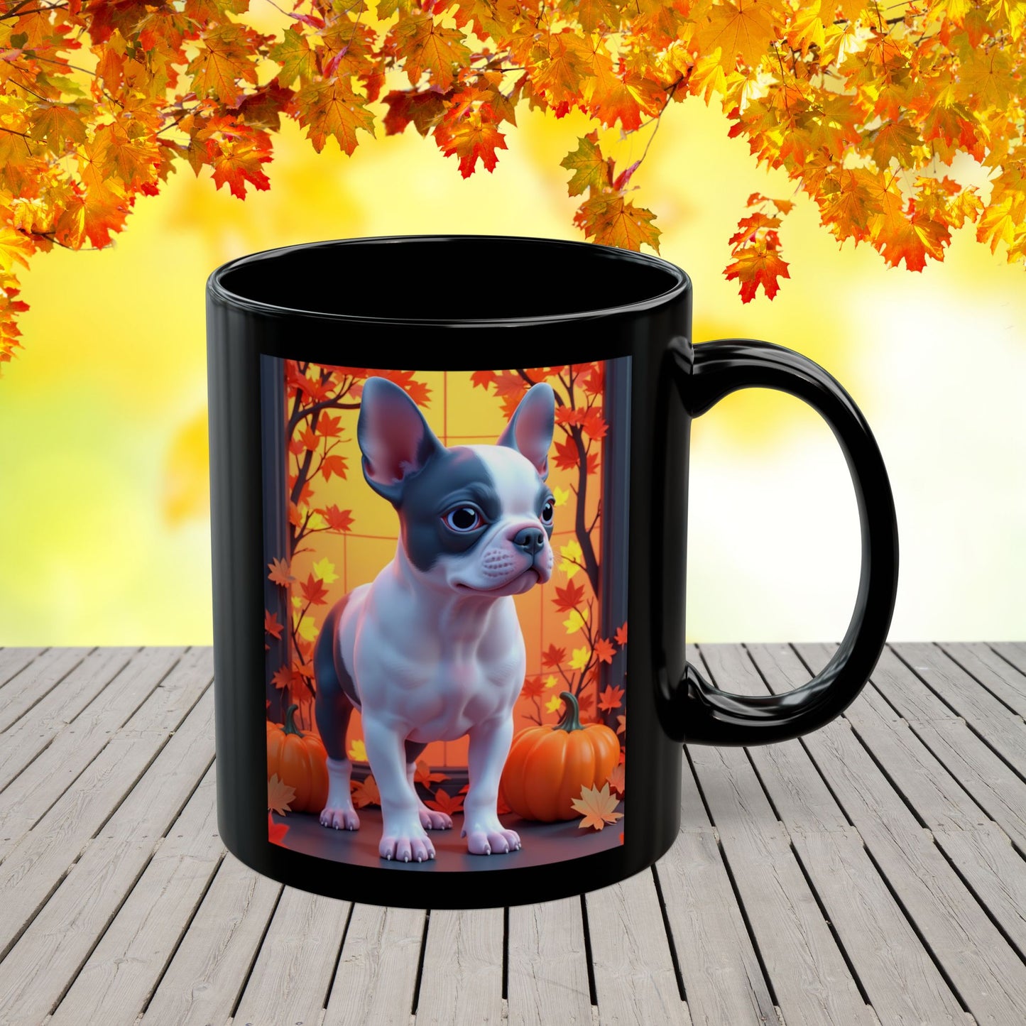 Blue Pied French Bulldog Autumn Black Mug - Seasonal dog lover gift coffee cup