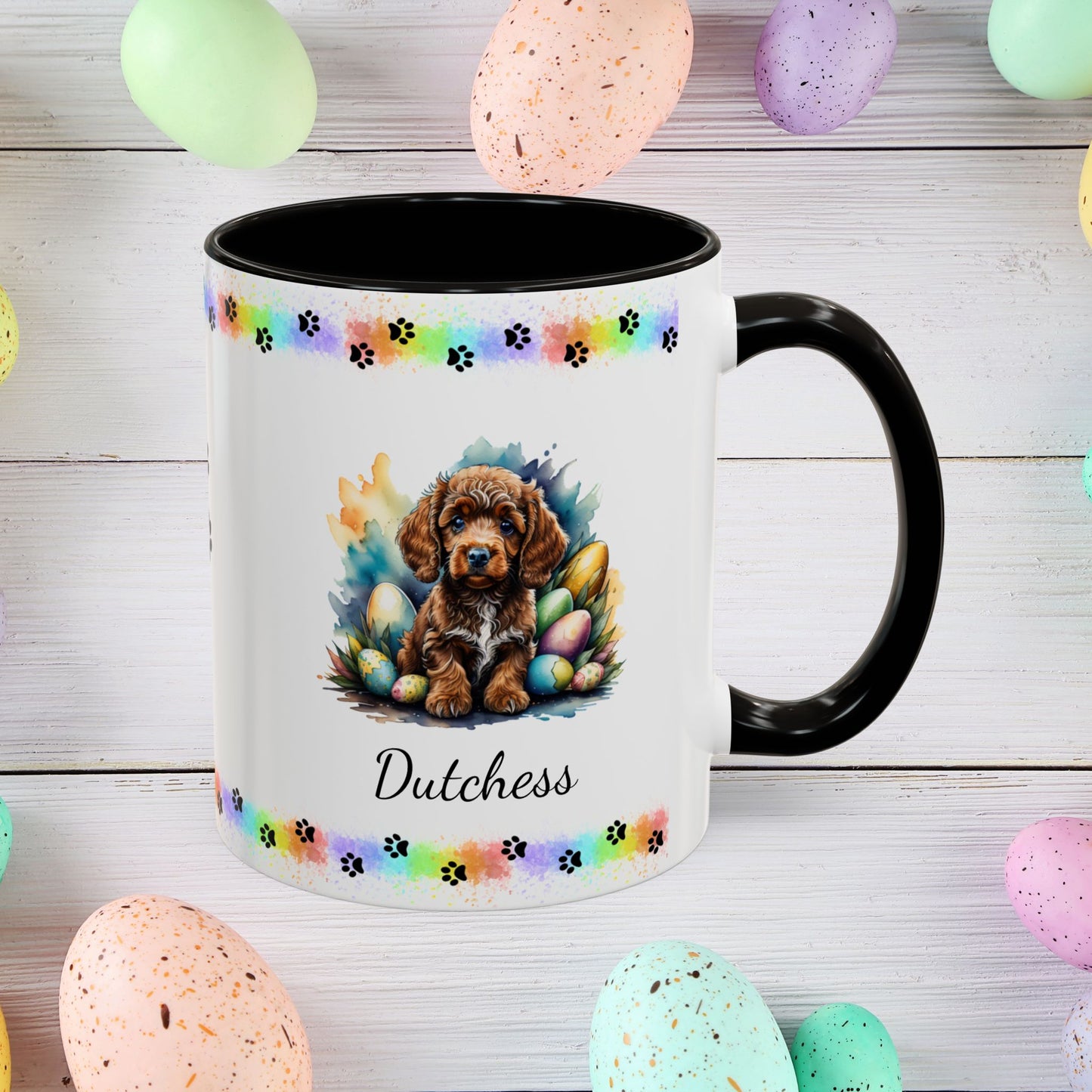 Cute brown Poodle Easter puppy coffee mug personalized dog lover gift, ideal for self-care and relaxation this Easter.