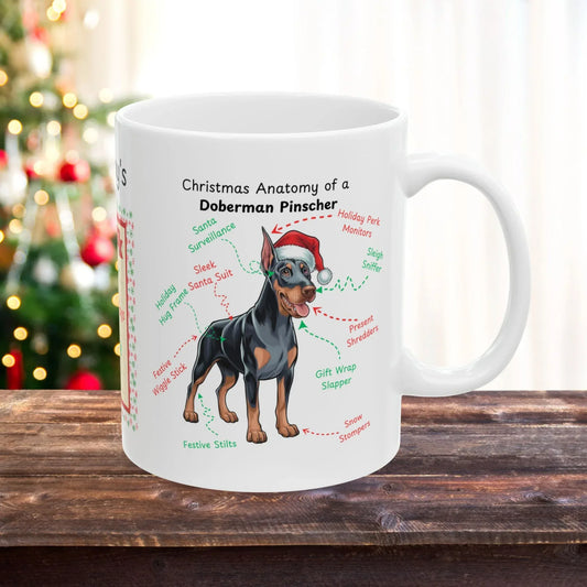Shop our doberman pinscher blue rust christmas anatomy mug featuring the 15oz style option from MySisterIsASurvivor.