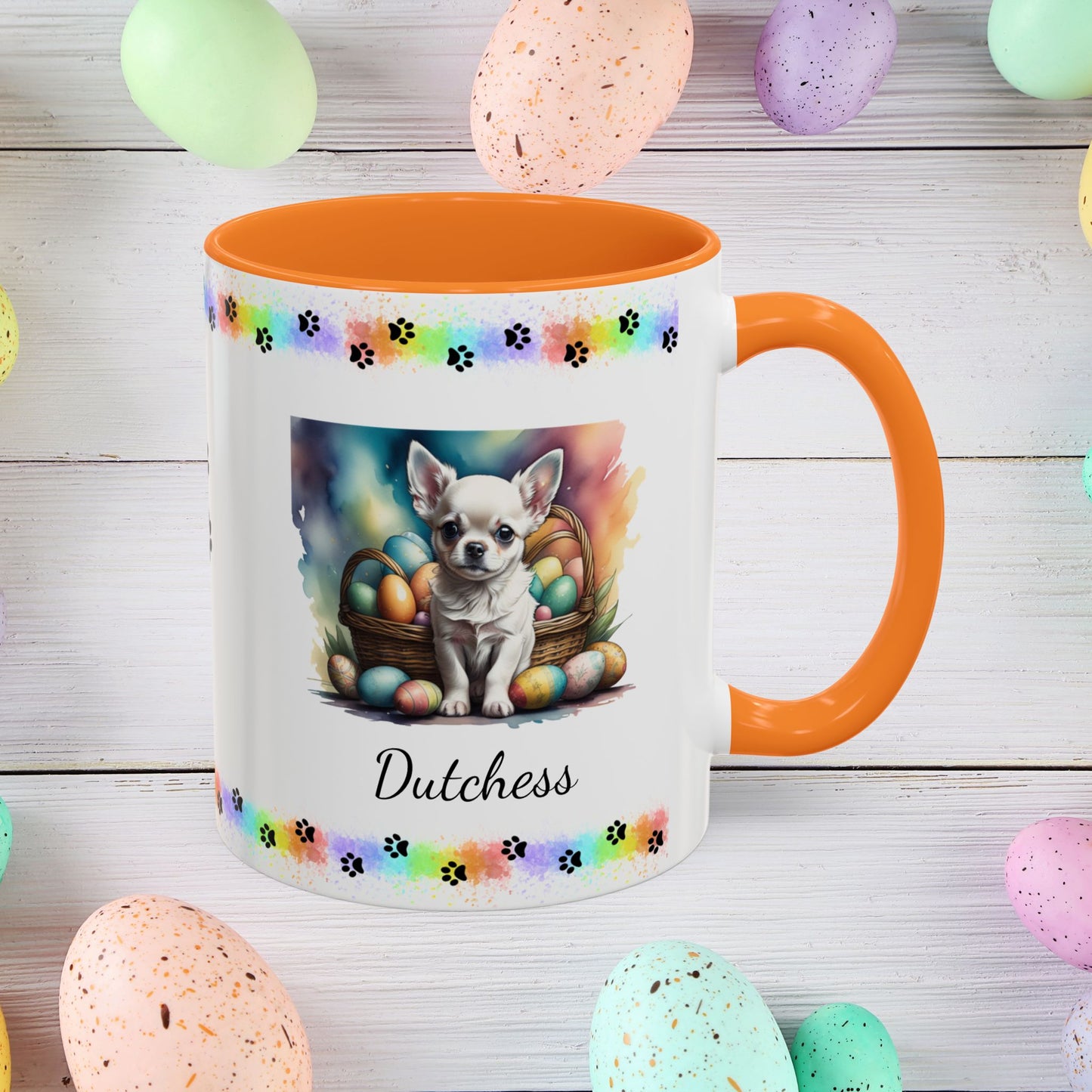 Chihuahua White personalized Easter puppy mug, cute dog coffee cup, mental health awareness gift for dog lovers