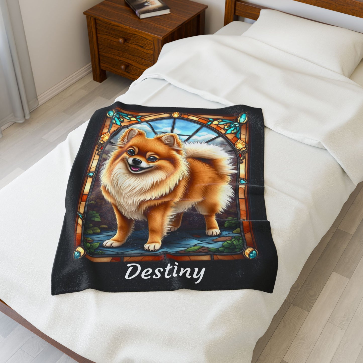 Pomeranian Orange Sable Coat Blanket, Velveteen Plush Stained Glass Dog Throw, Custom Pet Lover Gift