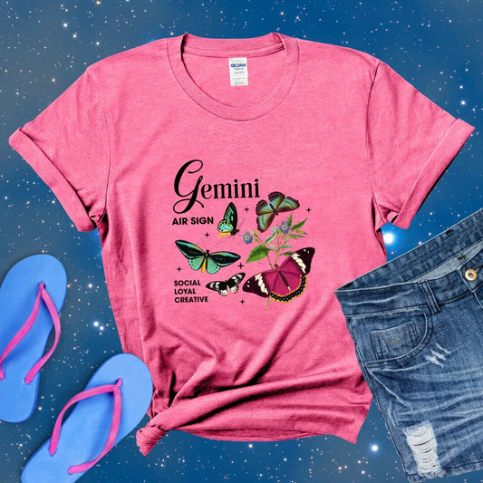 Gemini Butterfly Zodiac T-Shirt, astrology horoscope shirt, Gemini birthday gift tee for men or women