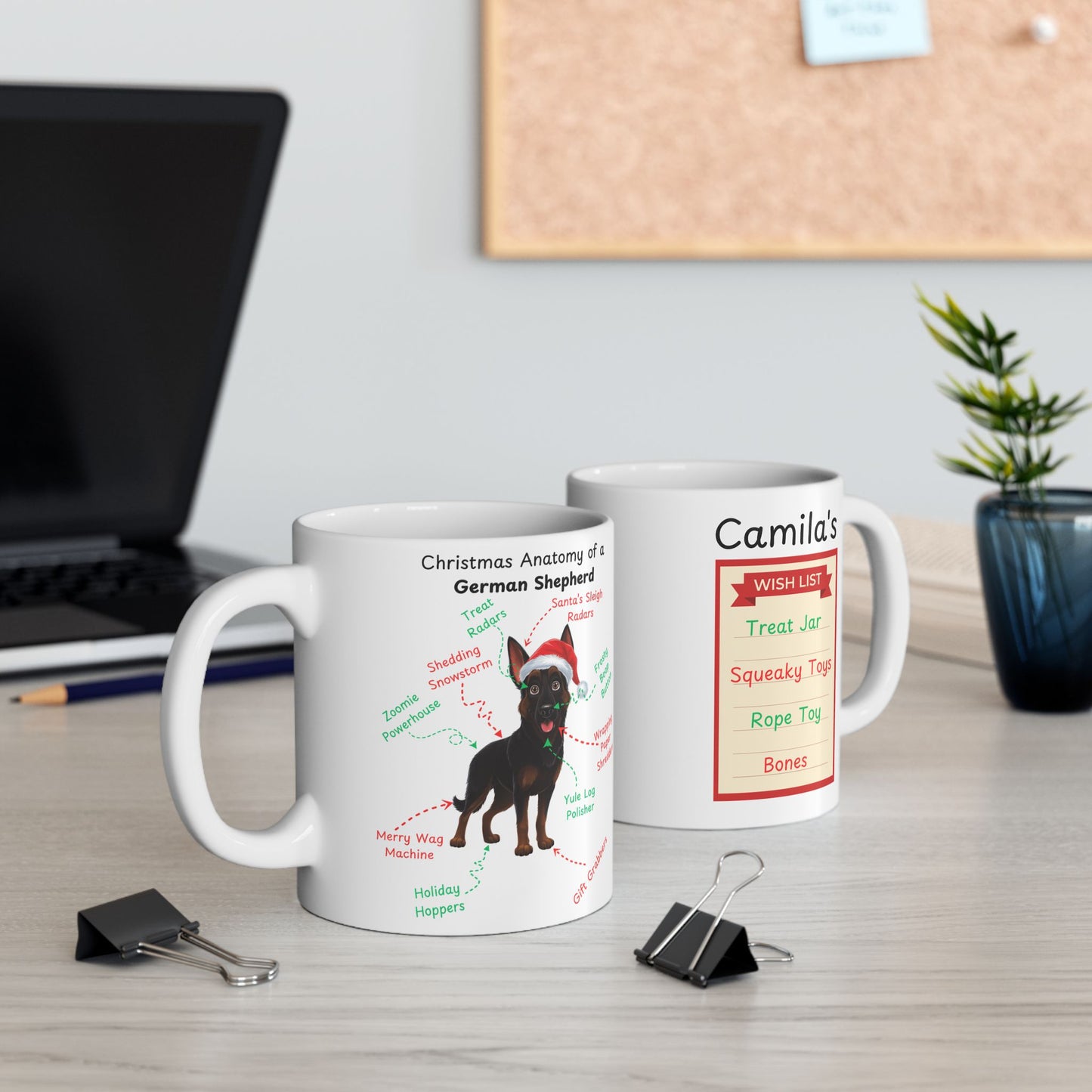 German Shepherd Bi-Color personalized Christmas coffee mug, festive dog anatomy gift