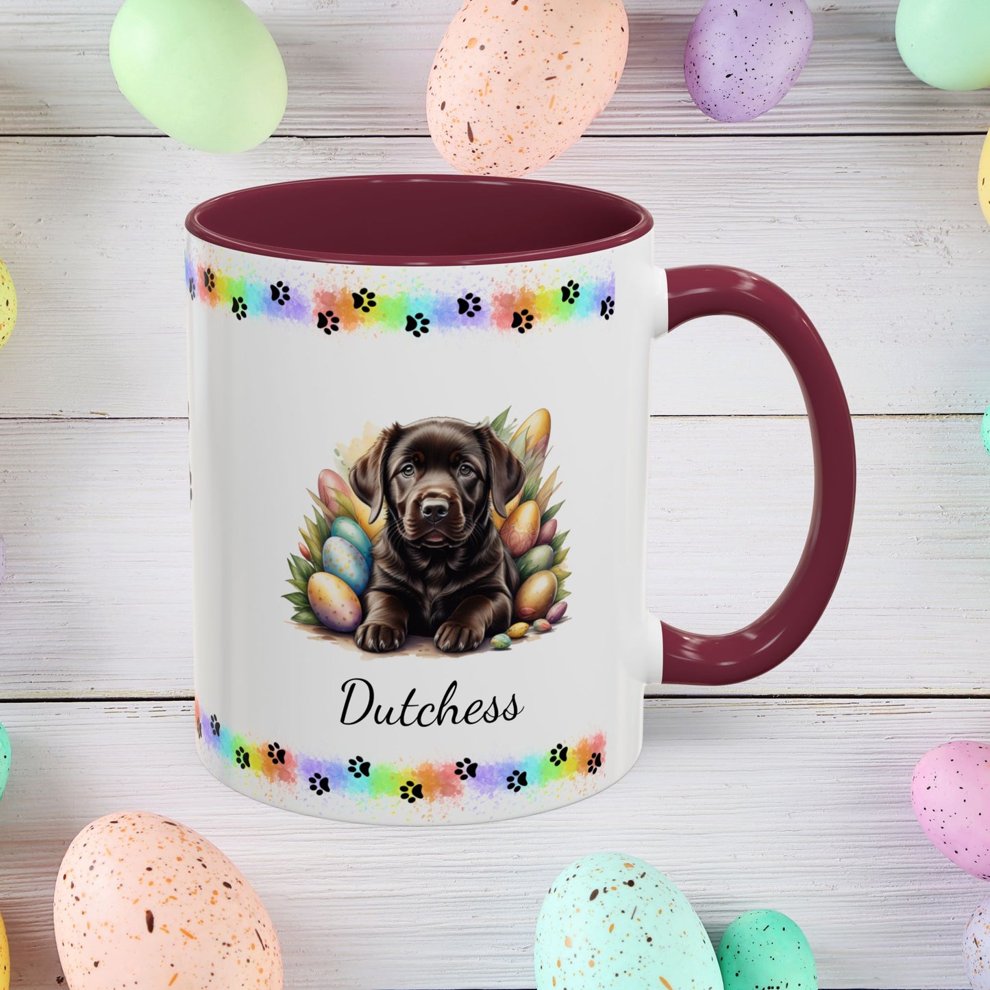 Chocolate Labrador Easter puppy coffee mug, personalized cute dog gift for mental health support and cozy sipping