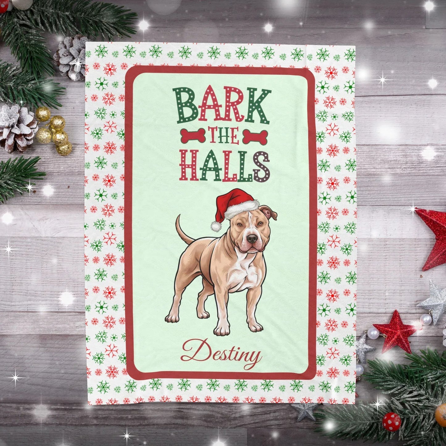 Shop our premium pitbull fawn personalized velveteen plush blanket bark the halls from MySisterIsASurvivor.