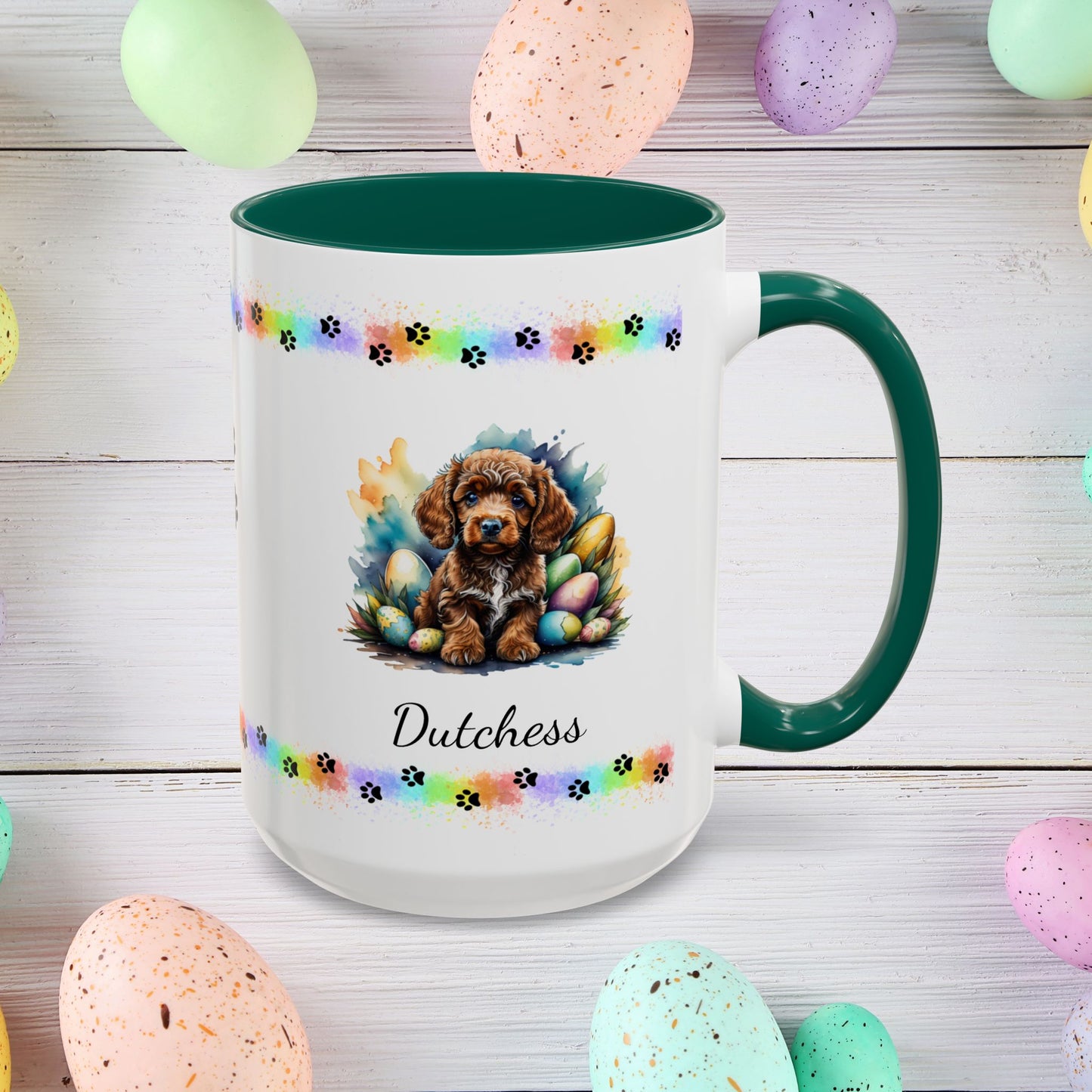 Cute brown Poodle Easter puppy coffee mug personalized dog lover gift, ideal for self-care and relaxation this Easter.