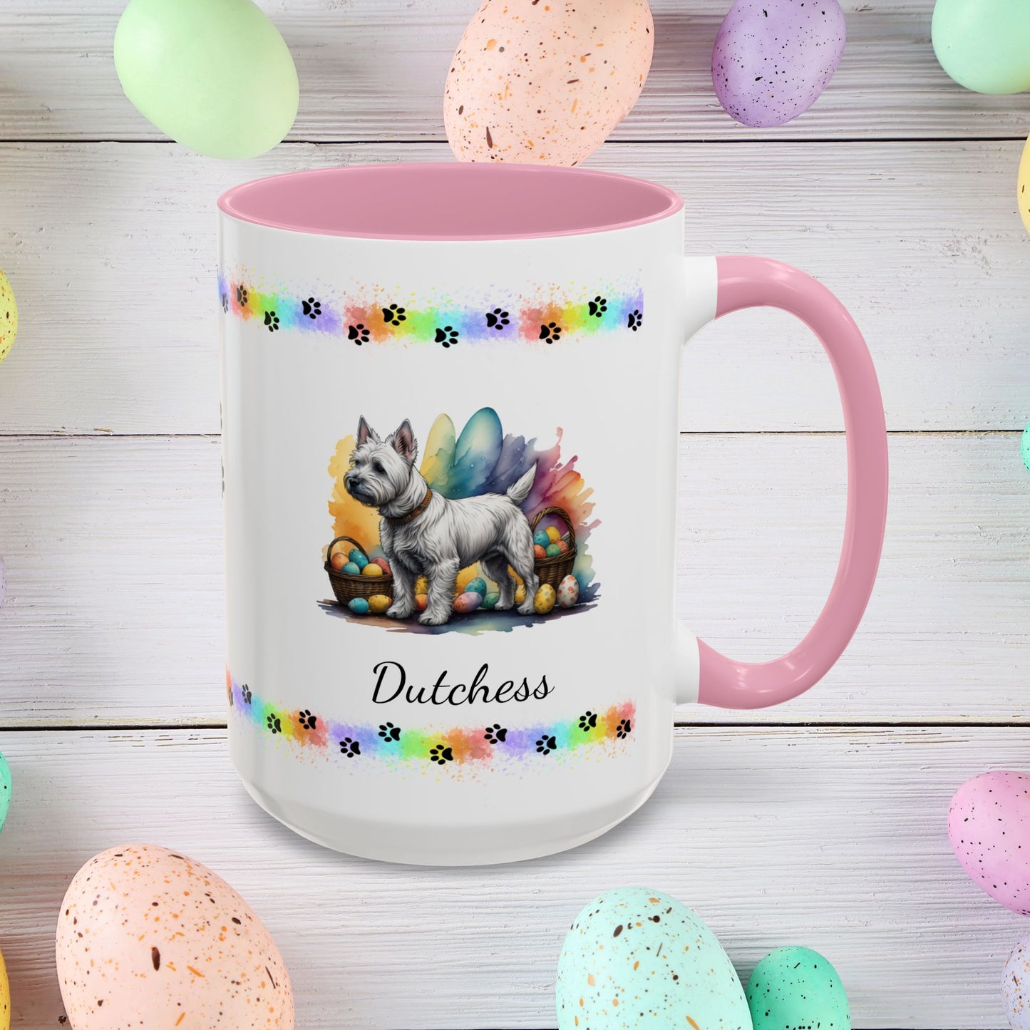 West Highland Terrier Easter puppy coffee mug personalized gift, perfect for Easter mornings and mental health awareness.