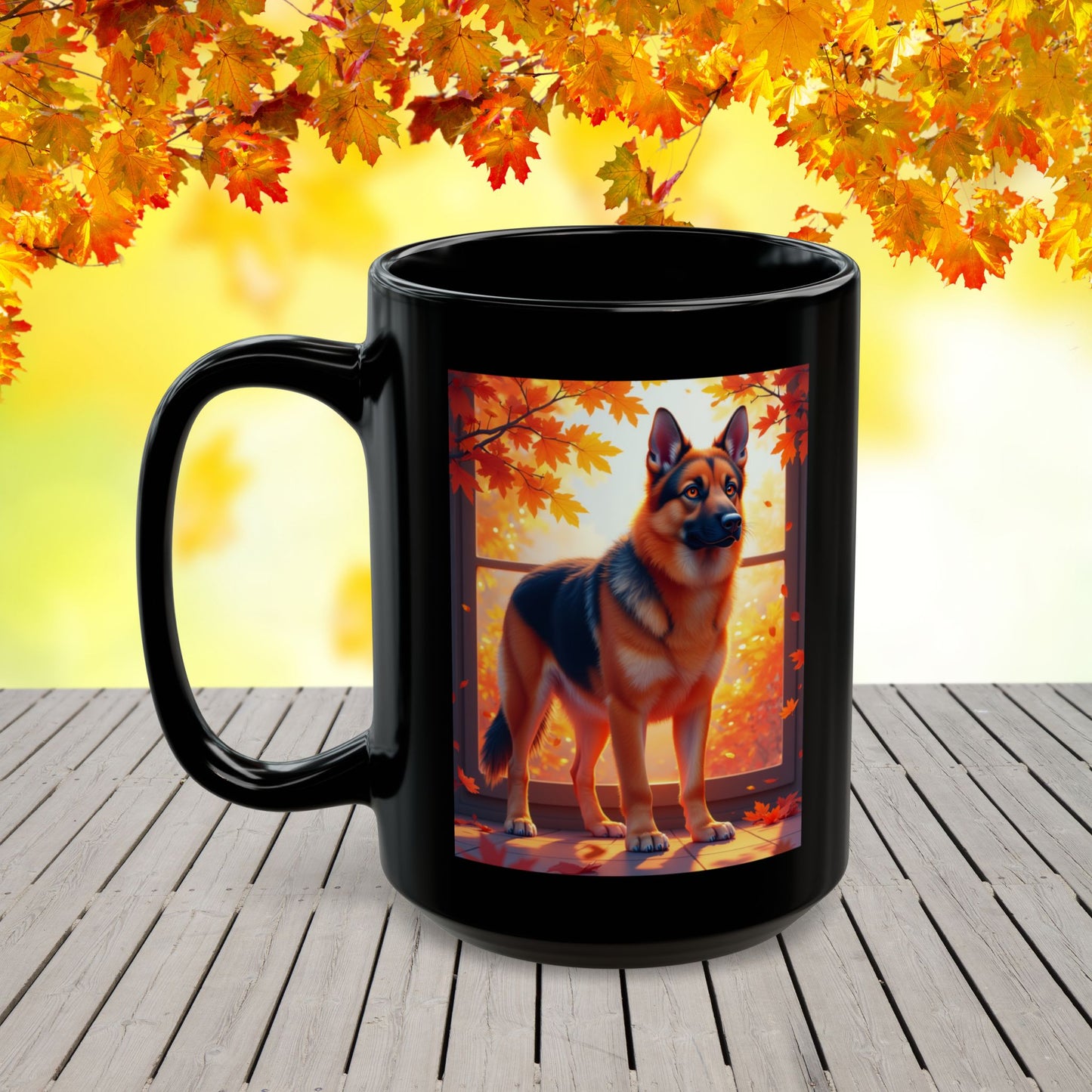 Black & Red German Shepherd Autumn Custom Mug - Personalized Fall Dog Coffee Cup for Home or Office