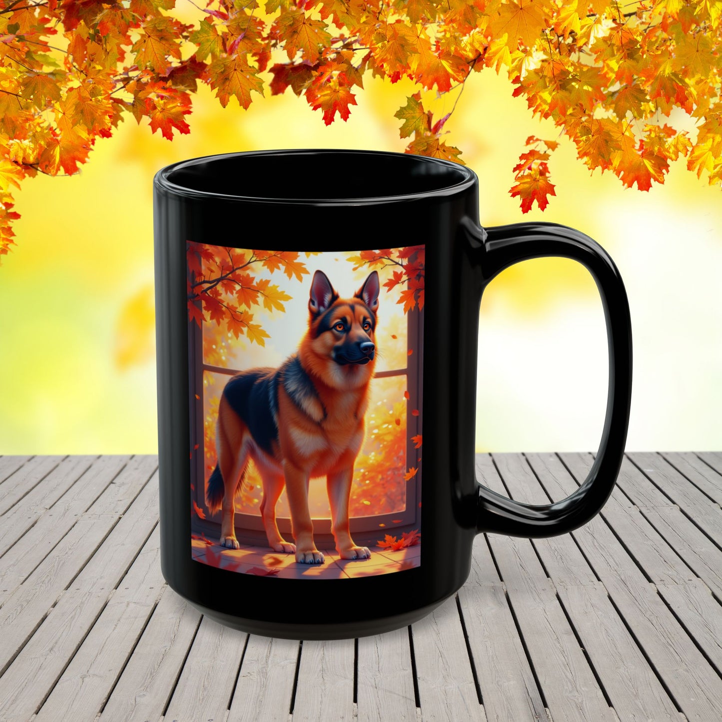 Black & Red German Shepherd Autumn Custom Mug - Personalized Fall Dog Coffee Cup for Home or Office