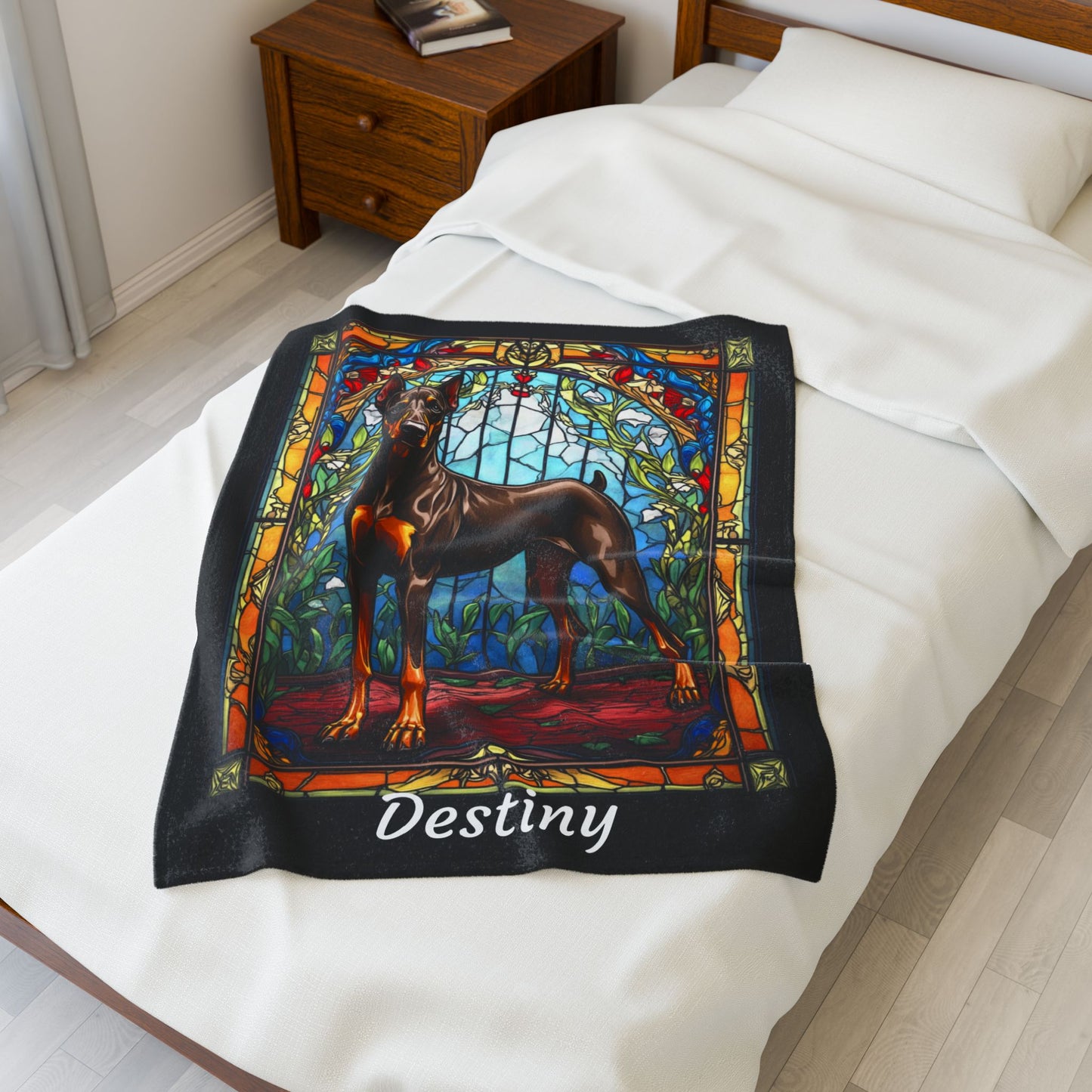 Doberman red and rust velveteen blanket, stained glass dog throw, personalized pet lover gift - MySisterIsASurvivor