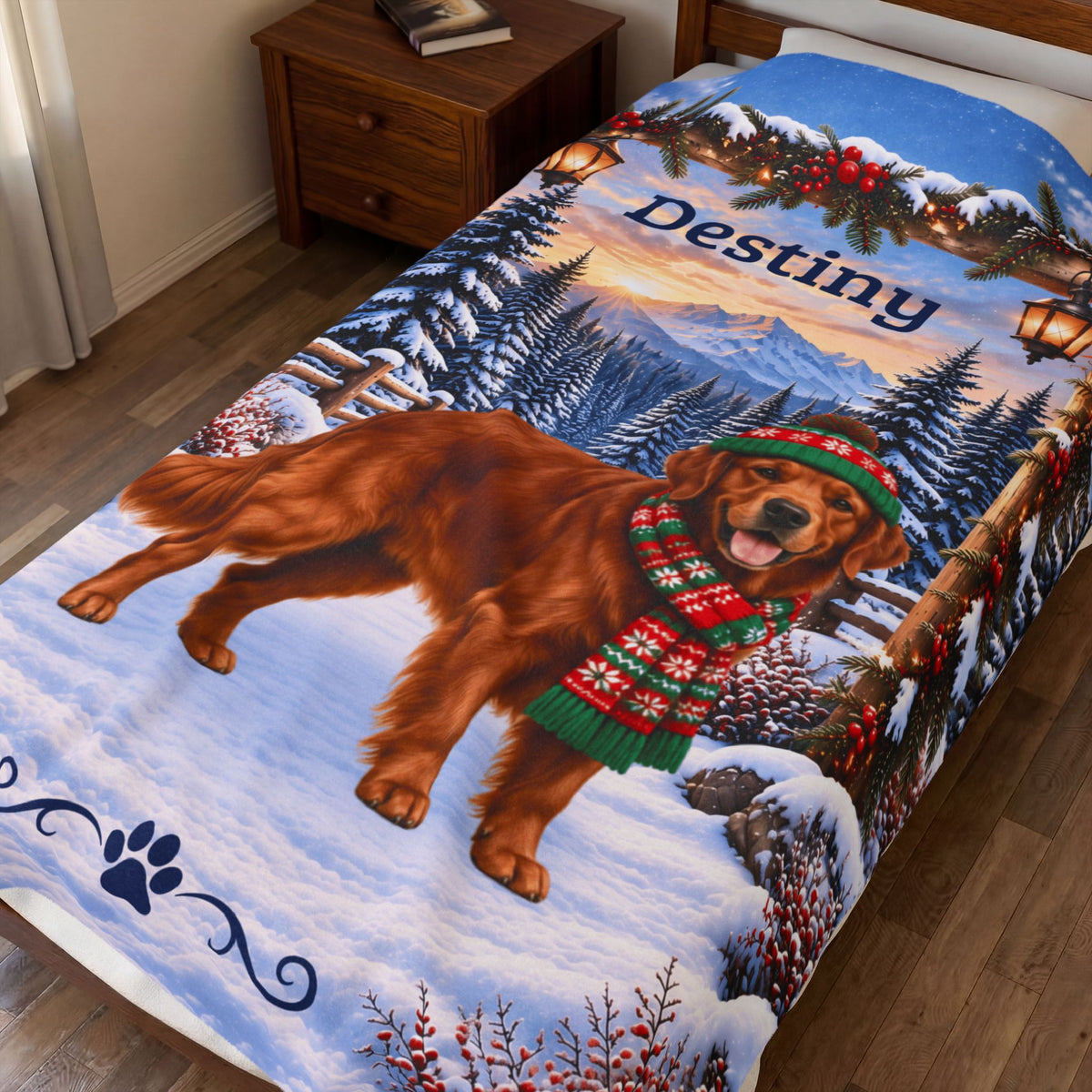 Golden Retriever (Red Coat) - Custom Name Winter Lodge Blanket, Personalized Field Golden Lover Gift