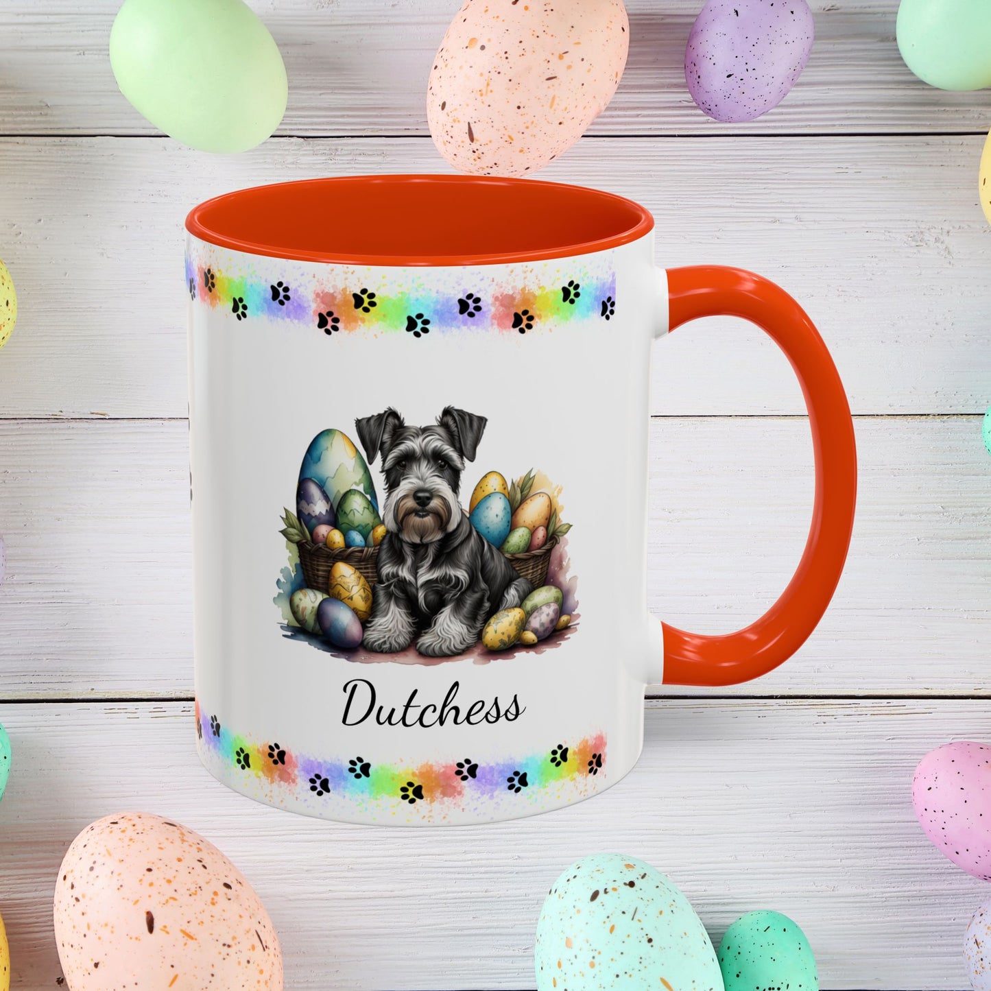 Gray Schnauzer Easter puppy coffee mug personalized for dog moms and dads, perfect for mental health awareness gifts.