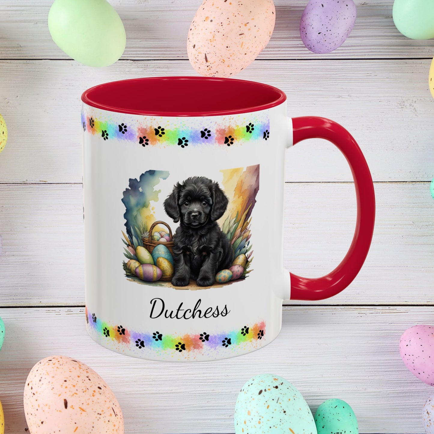 Adorable black Poodle Easter puppy coffee mug personalized dog gift, perfect for mental health awareness and spring joy.