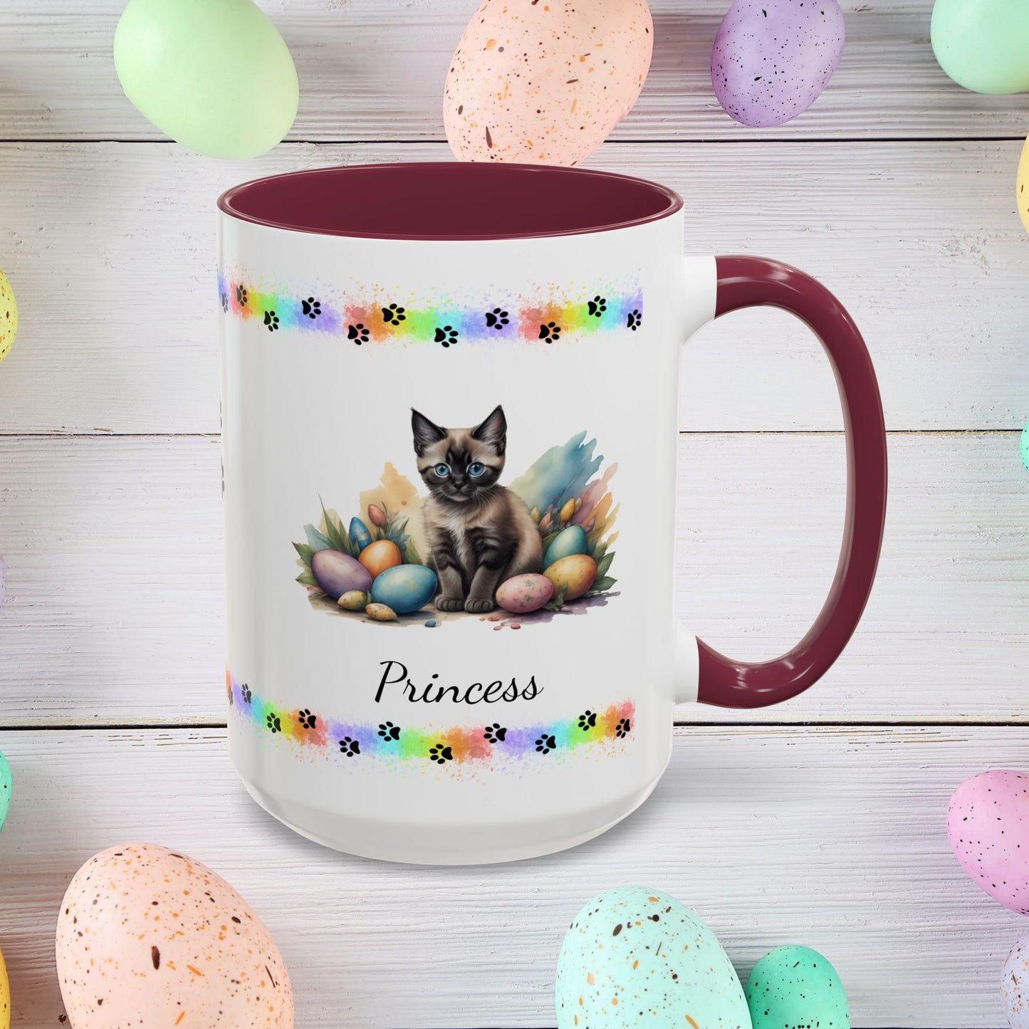 Siamese personalized Easter kitten mug, cute cat coffee cup, gift for mental health support and comfort