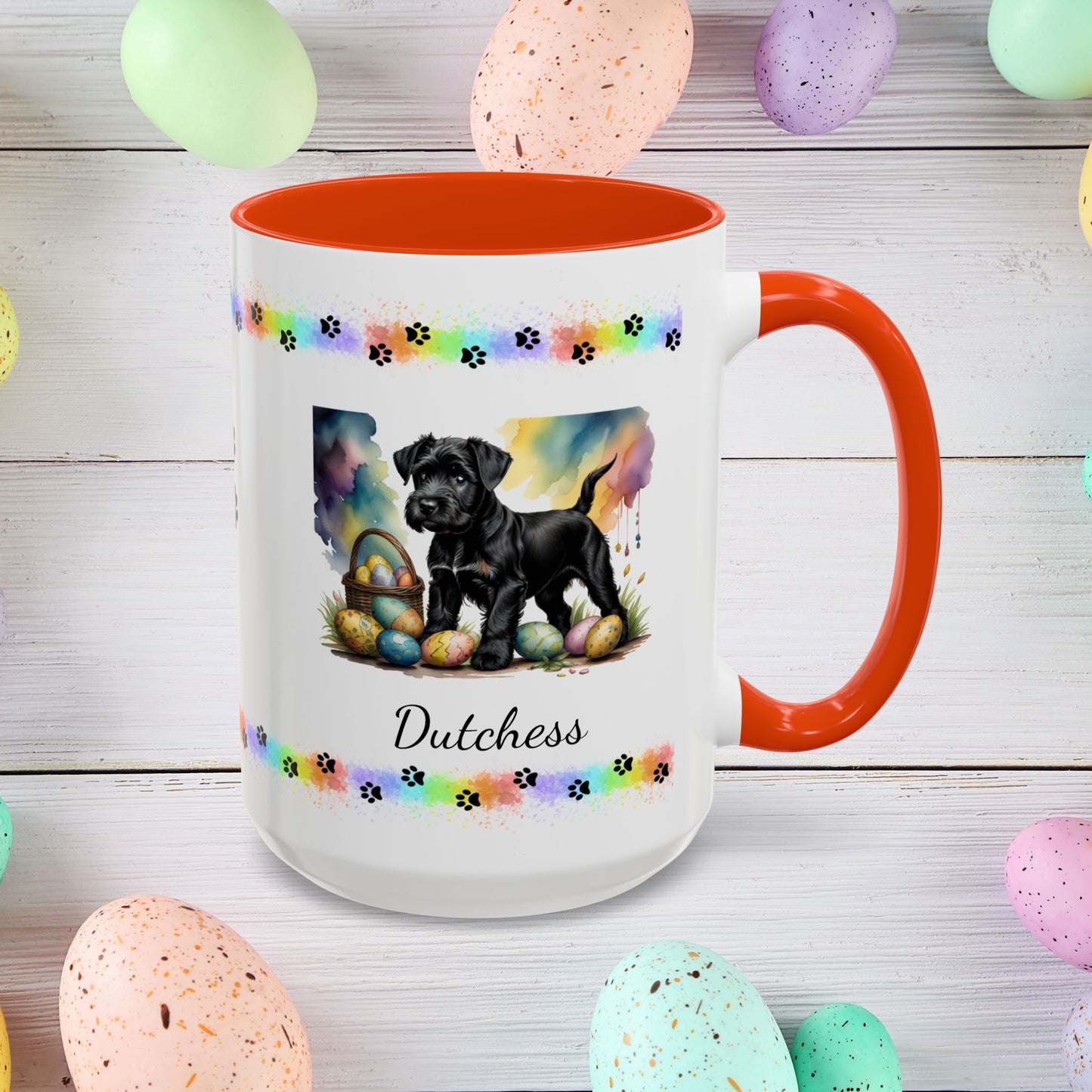 Black Schnauzer Easter puppy coffee mug personalized dog lover gift, promoting peace, positivity, and emotional wellness.