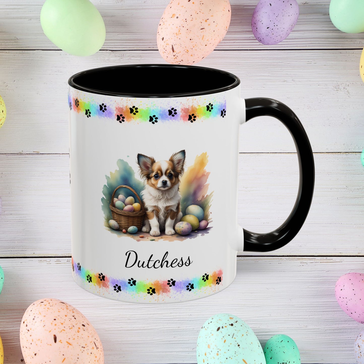 Papillon Brown & White Easter puppy coffee mug, personalized cute dog gift for mental health awareness and comfort