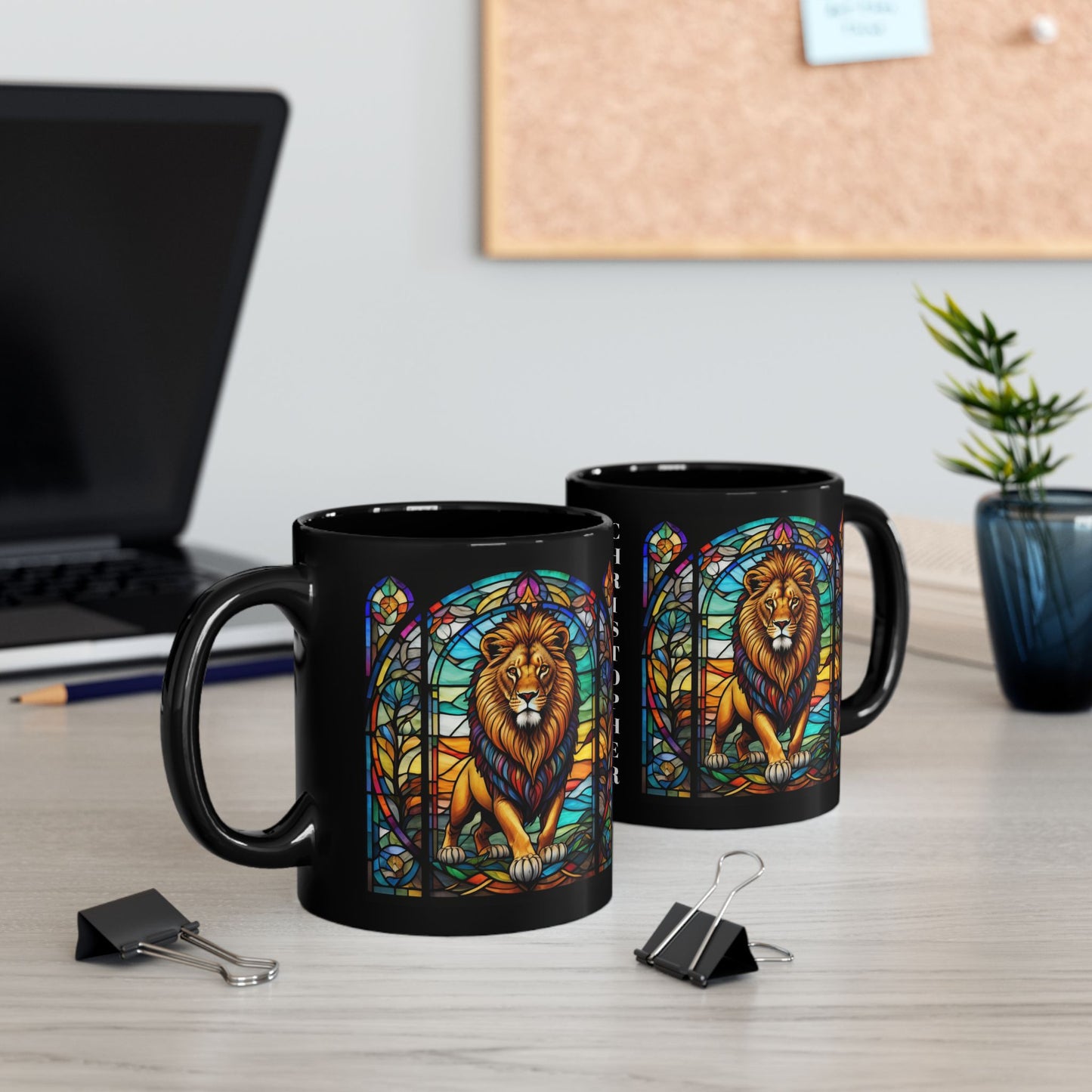 Lion personalized coffee mug, stained glass animal design, perfect gift for animal lovers.