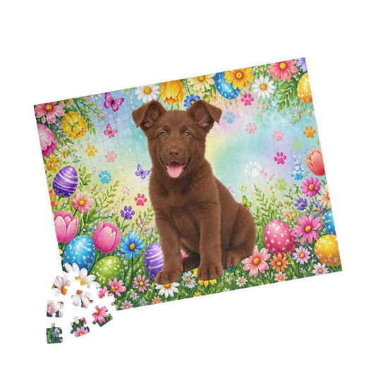 German Shepherd (Solid Liver) Easter Puppy Puzzle - Spring Garden with Eggs, Tulips, and Daisies