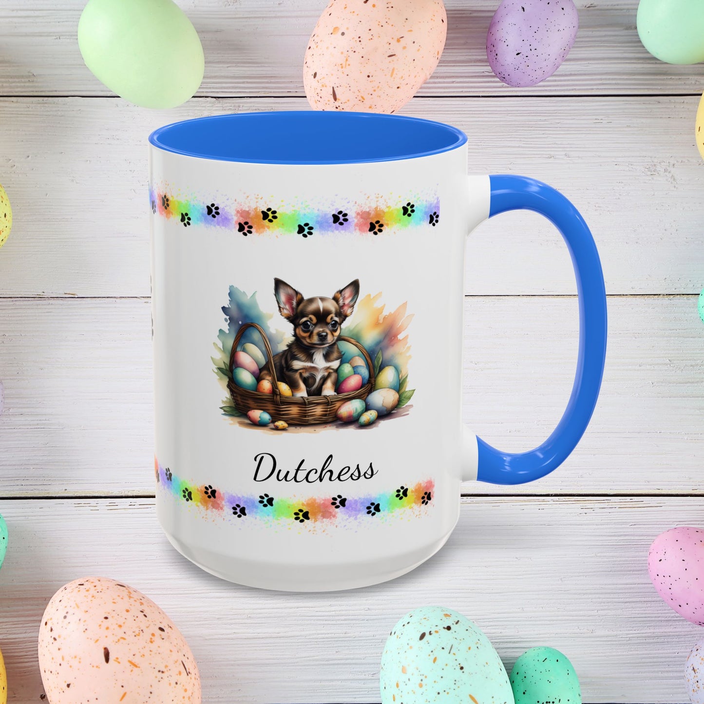 Chihuahua (Black Tri): Personalized Easter Puppy Coffee Mug - Adorable Dog Design, Mental Health Gift, 11oz & 15oz, 12 Color Choices, Easter Gifts & Décor