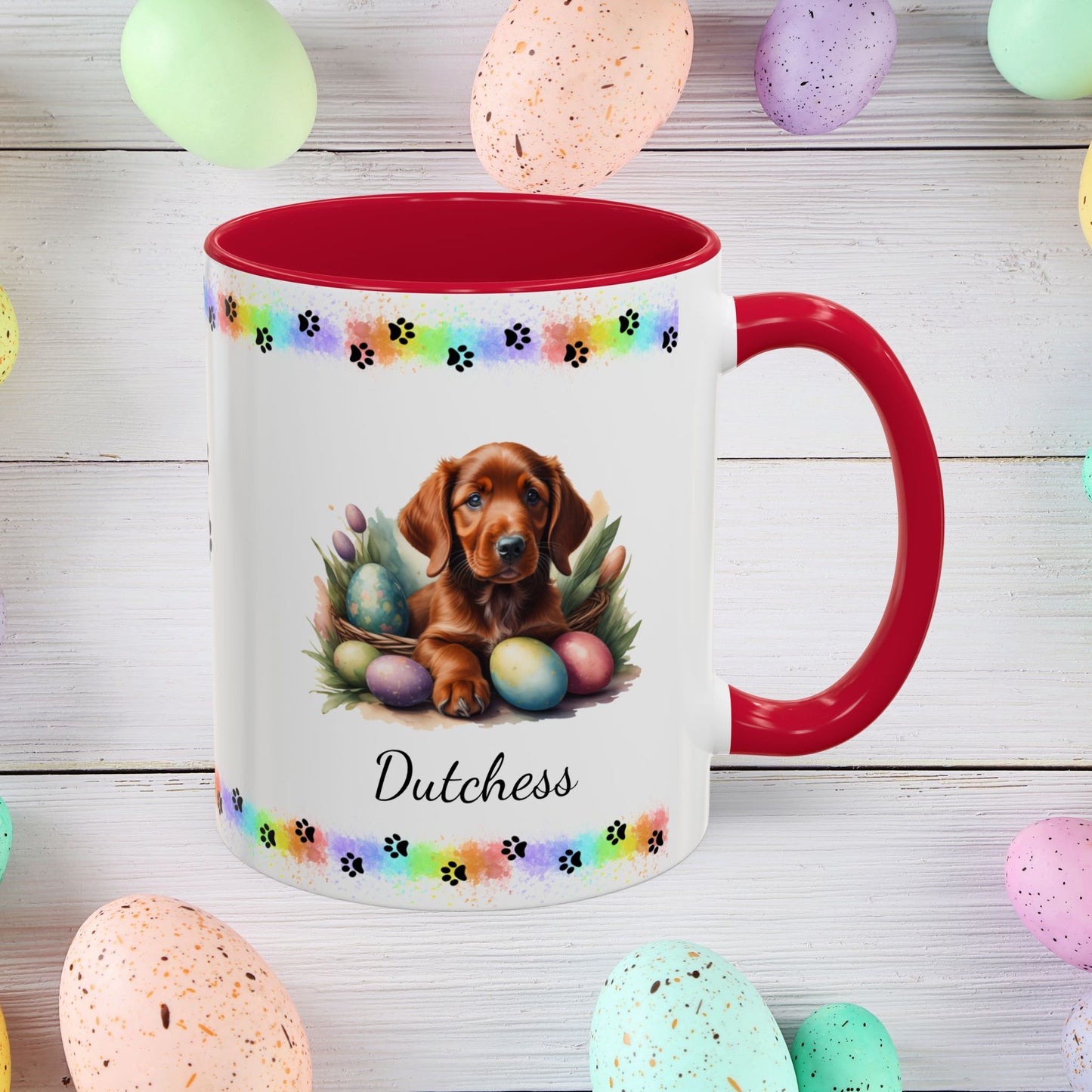 Irish Setter Easter puppy coffee mug, personalized cute dog gift for mental health support and cozy mornings