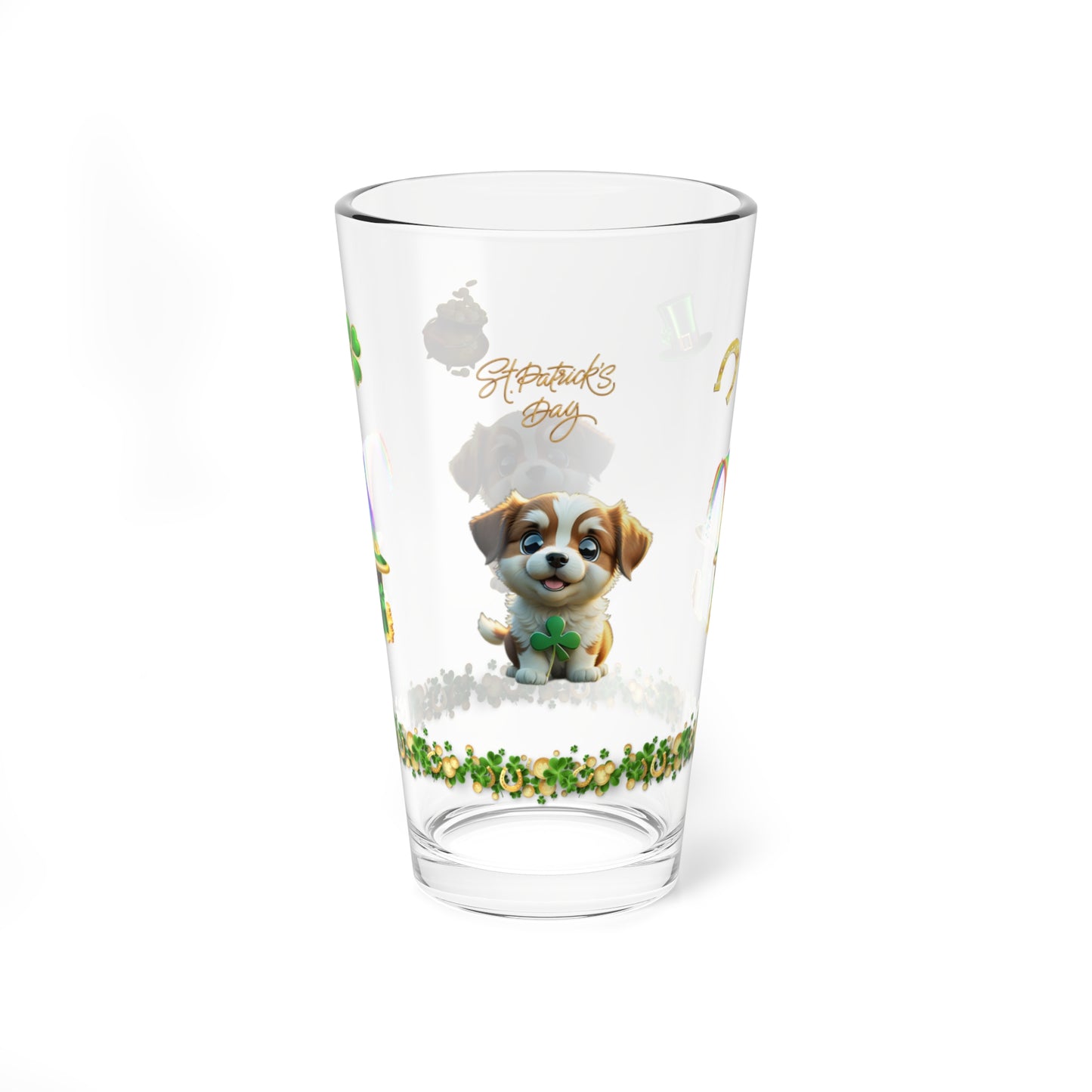 Clover Cuddles Canine: Mindful St. Patrick's Day 16oz Pint Glasses - Festive Design for Positivity & Wellness