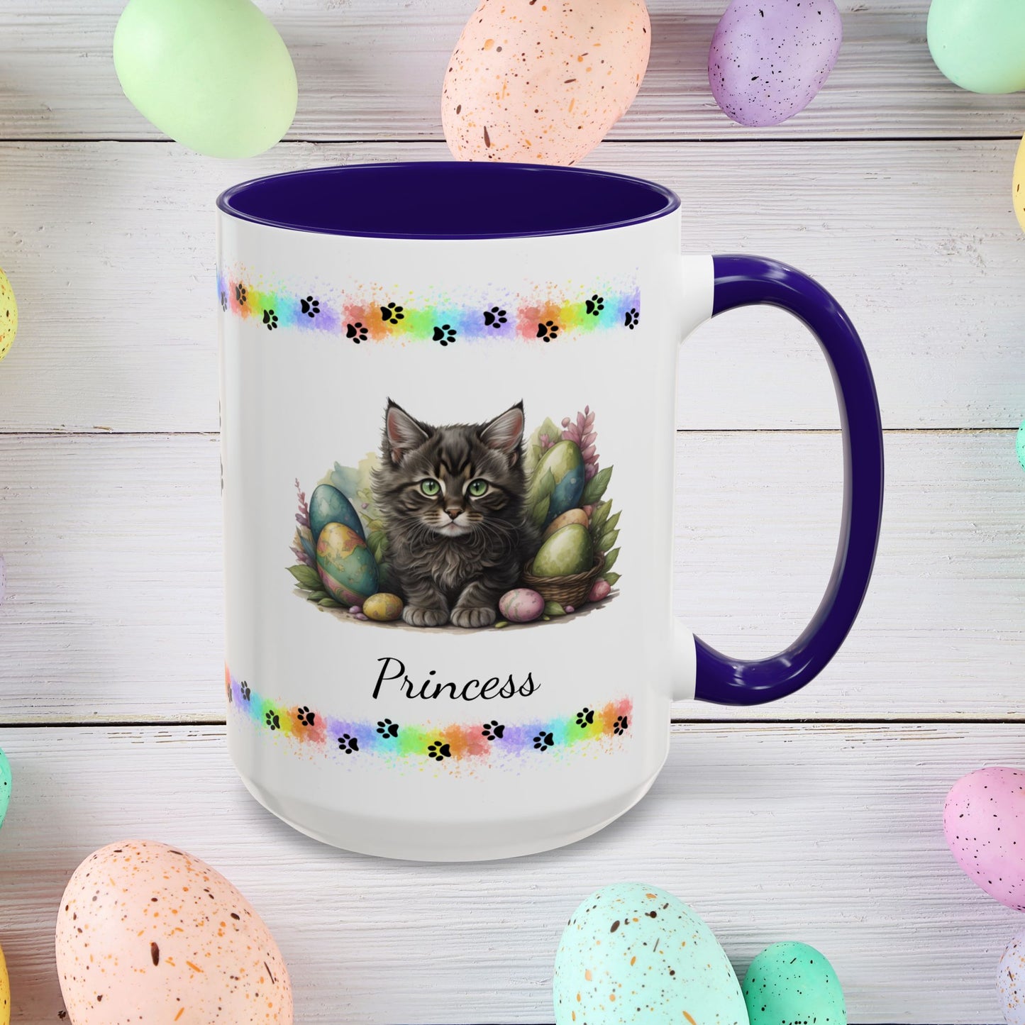 Maine Coon Easter kitten mug, personalized cute cat coffee cup, gift for mental health support and comfort