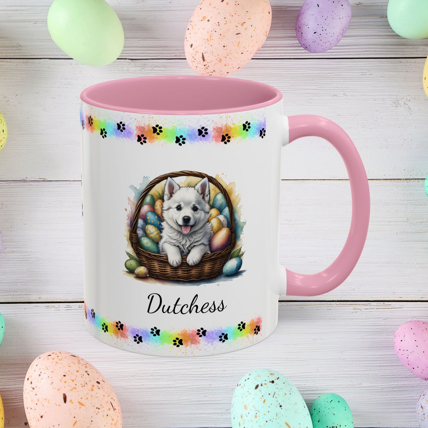 American Eskimo personalized Easter puppy mug, cute dog coffee cup, mental health awareness gift for dog lovers