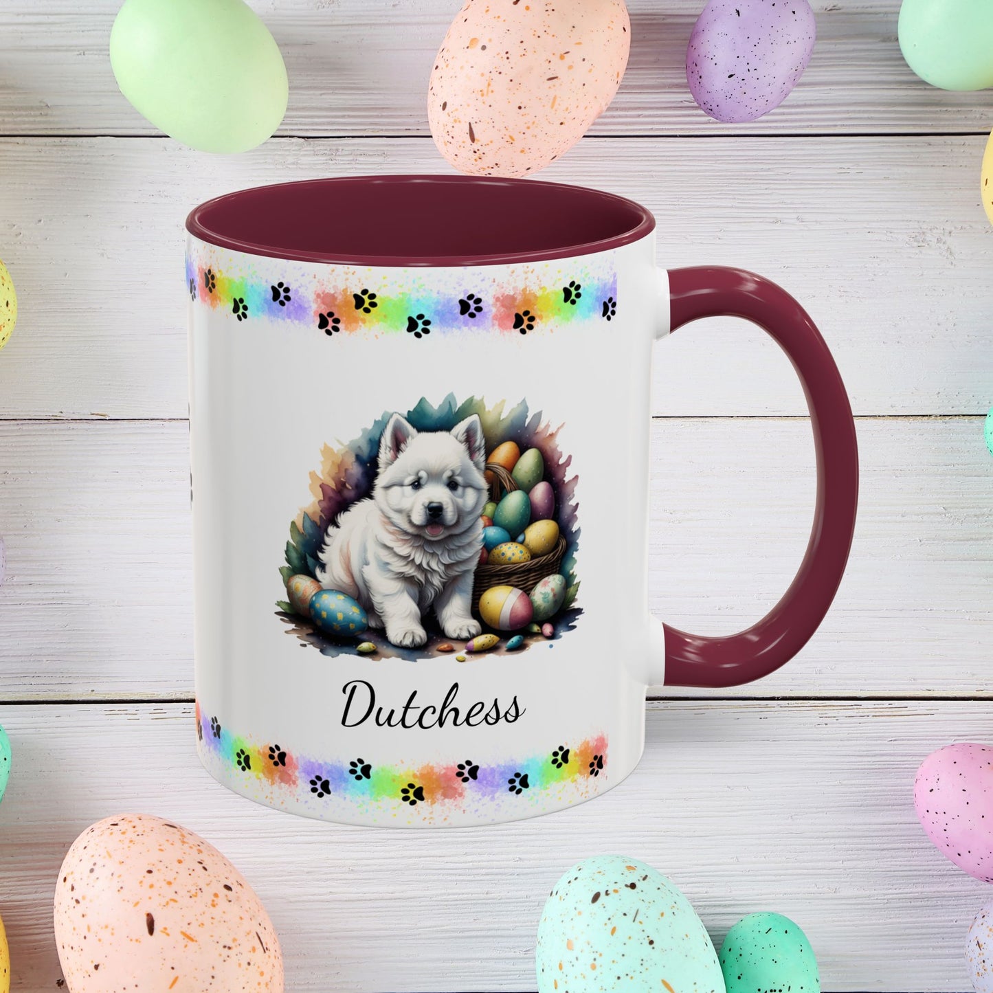 Samoyed Easter puppy coffee mug personalized dog design, cozy mental health gift for spring and daily mindfulness.