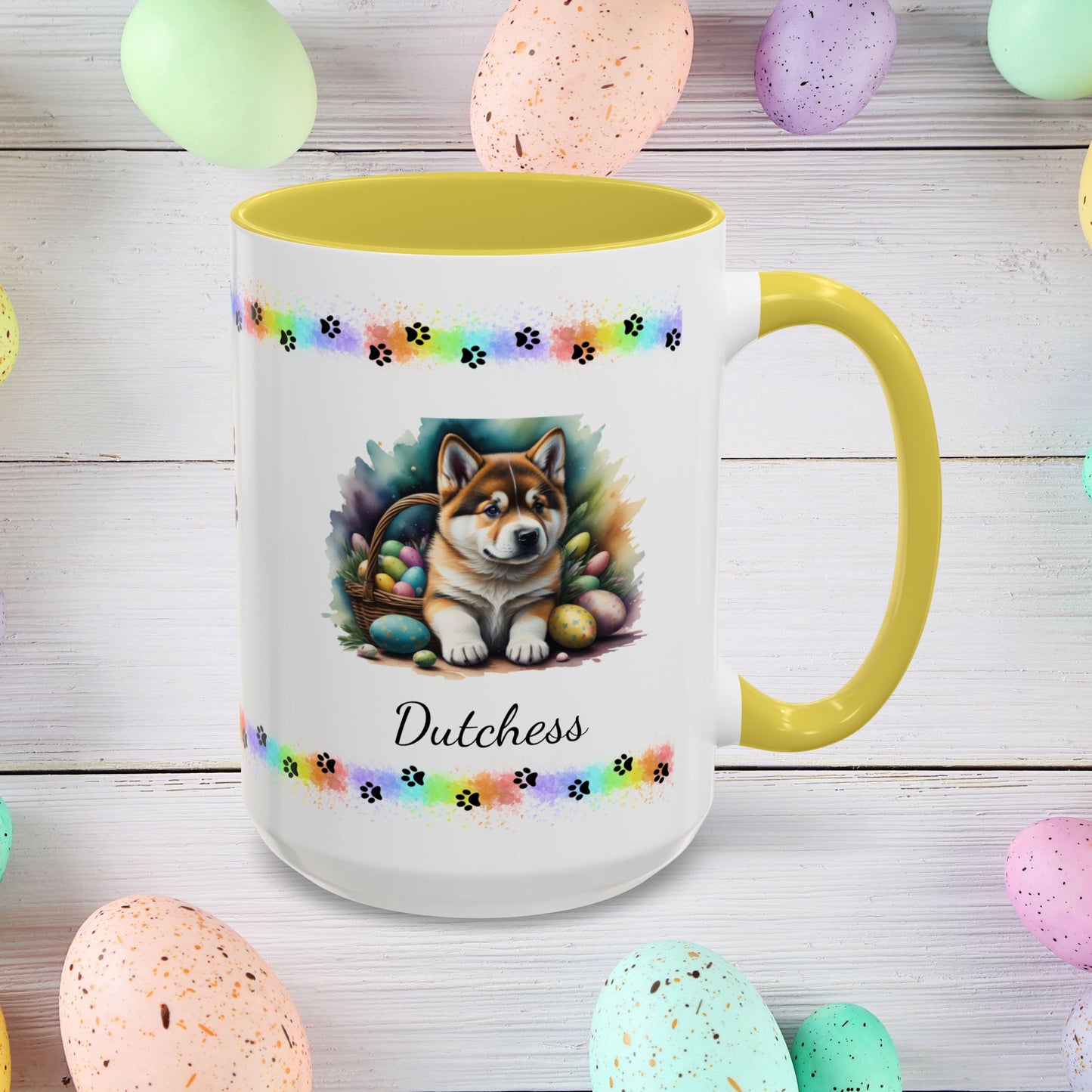 Akita personalized Easter puppy mug, cute dog coffee cup gift for mental health awareness and cozy sipping