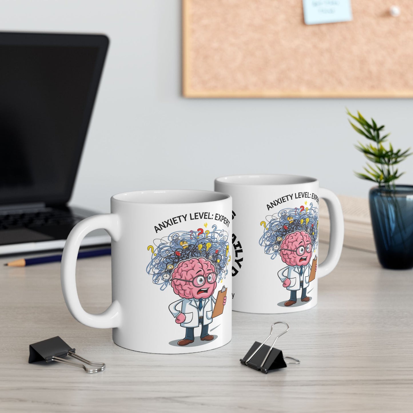 "Anxiety Level: Expert" funny mental health mug with affirmations for anxiety relief and self-care.
