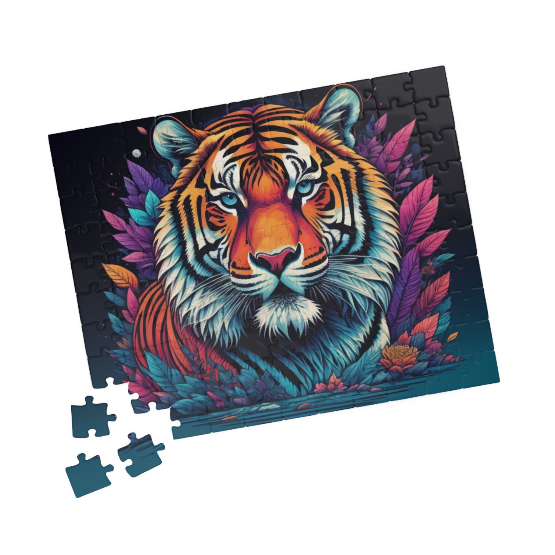 Determined tiger walking forward in moody lighting, featured on a puzzle highlighting strength and tenacity