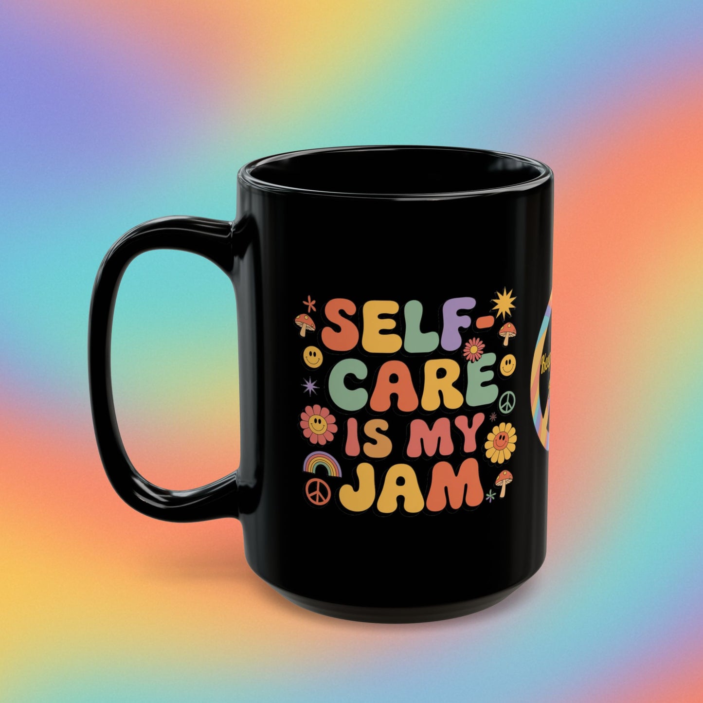 Self-Care Is My Jam retro mug, 70s mental health coffee cup with self-love affirmation - MySisterIsASurvivor
