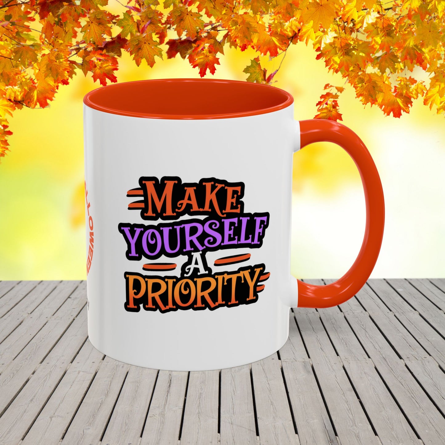 Personalized Halloween mug with “Make Yourself a Priority” quote, inspirational mental wellness gift with custom name.