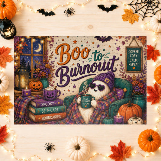 Boo to Burnout Halloween puzzle with ghost in beanie, self care books, and rest recharge repeat mug