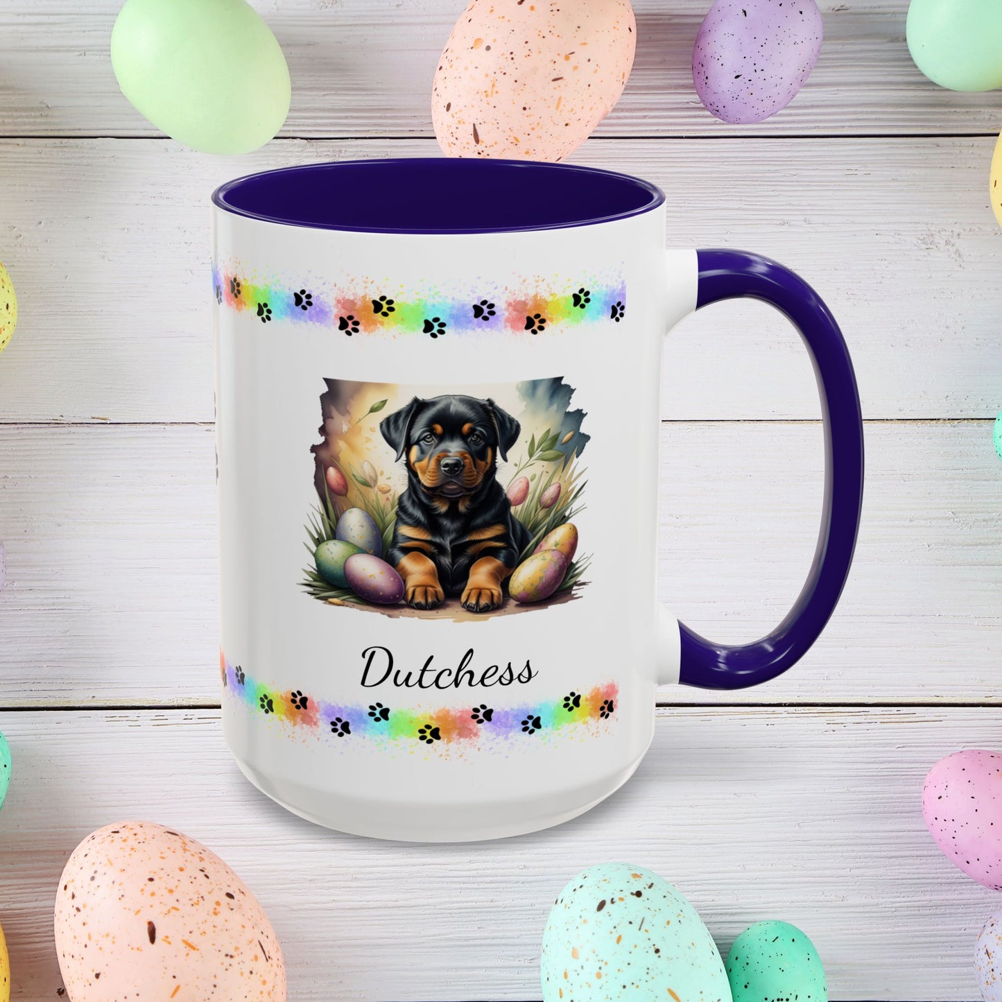 Rottweiler Easter puppy coffee mug personalized dog design, thoughtful gift for self-care and mental health awareness.