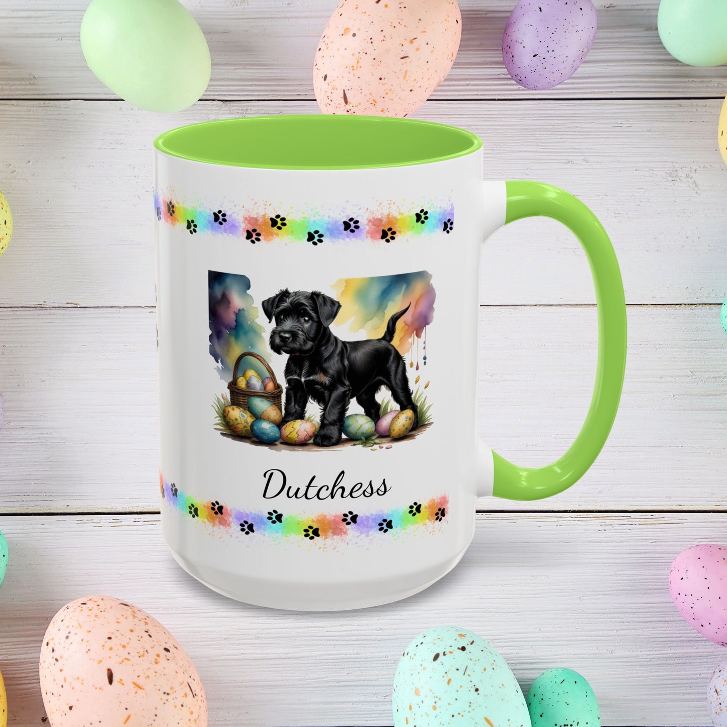 Black Schnauzer Easter puppy coffee mug personalized dog lover gift, promoting peace, positivity, and emotional wellness.