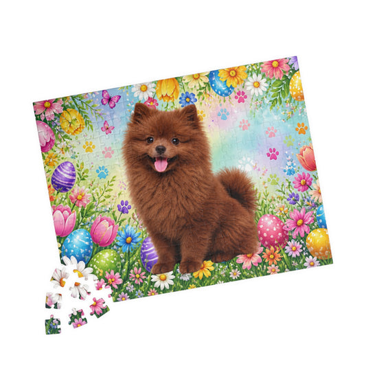 Pomeranian (Chocolate) Easter Puppy Puzzle - Spring Garden with Eggs, Tulips, and Daisies