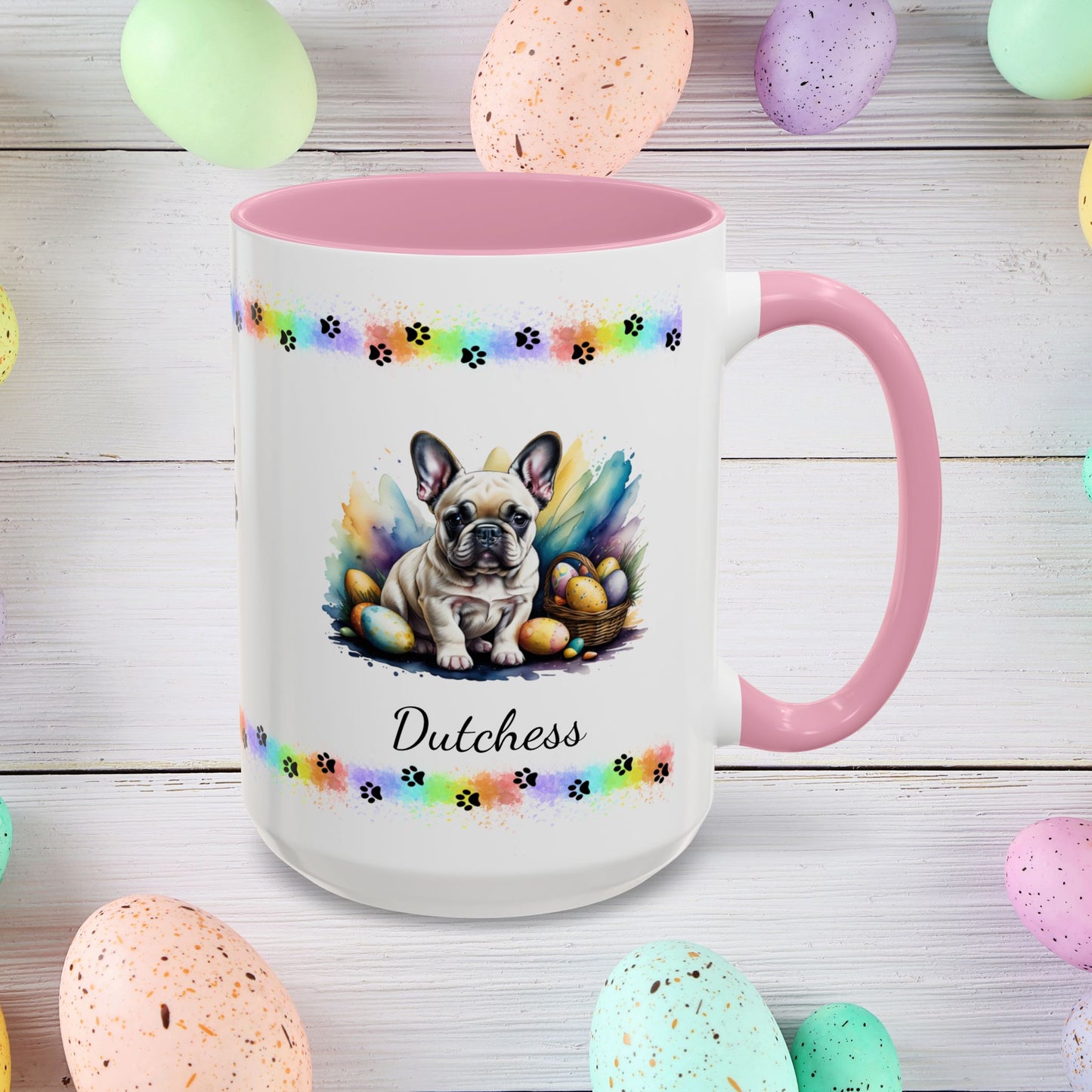 French Bulldog Cream Easter puppy coffee mug, personalized cute dog coffee cup gift for mental health awareness