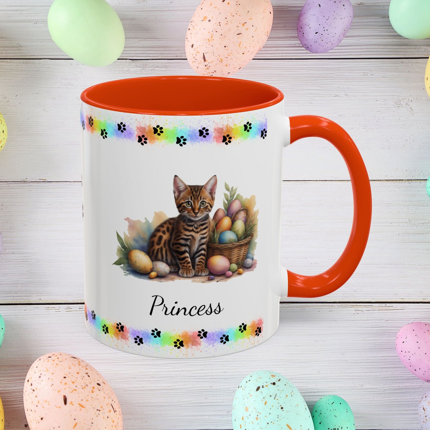Bengal personalized Easter coffee mug, adorable kitten design, cute cat gift for mental health awareness and comfort