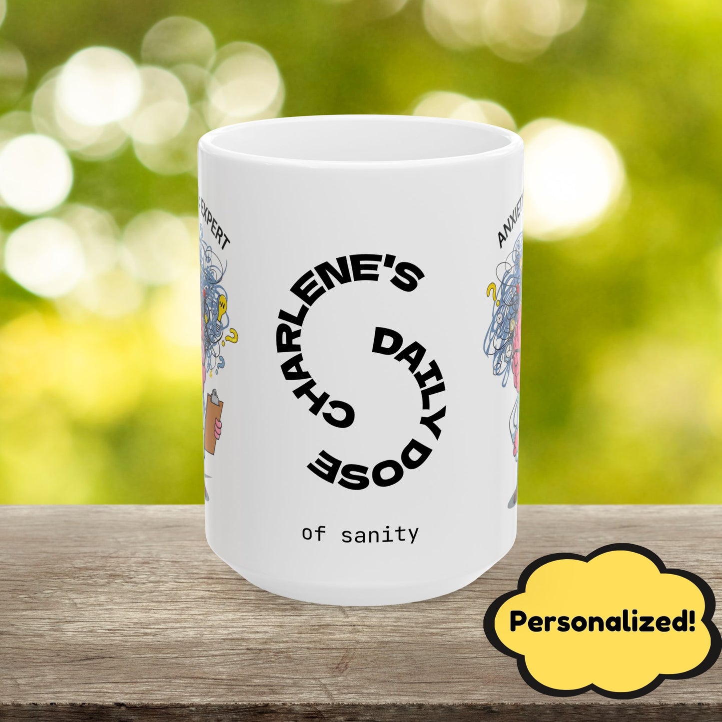 "Anxiety Level: Expert" funny mental health mug with affirmations for anxiety relief and self-care.