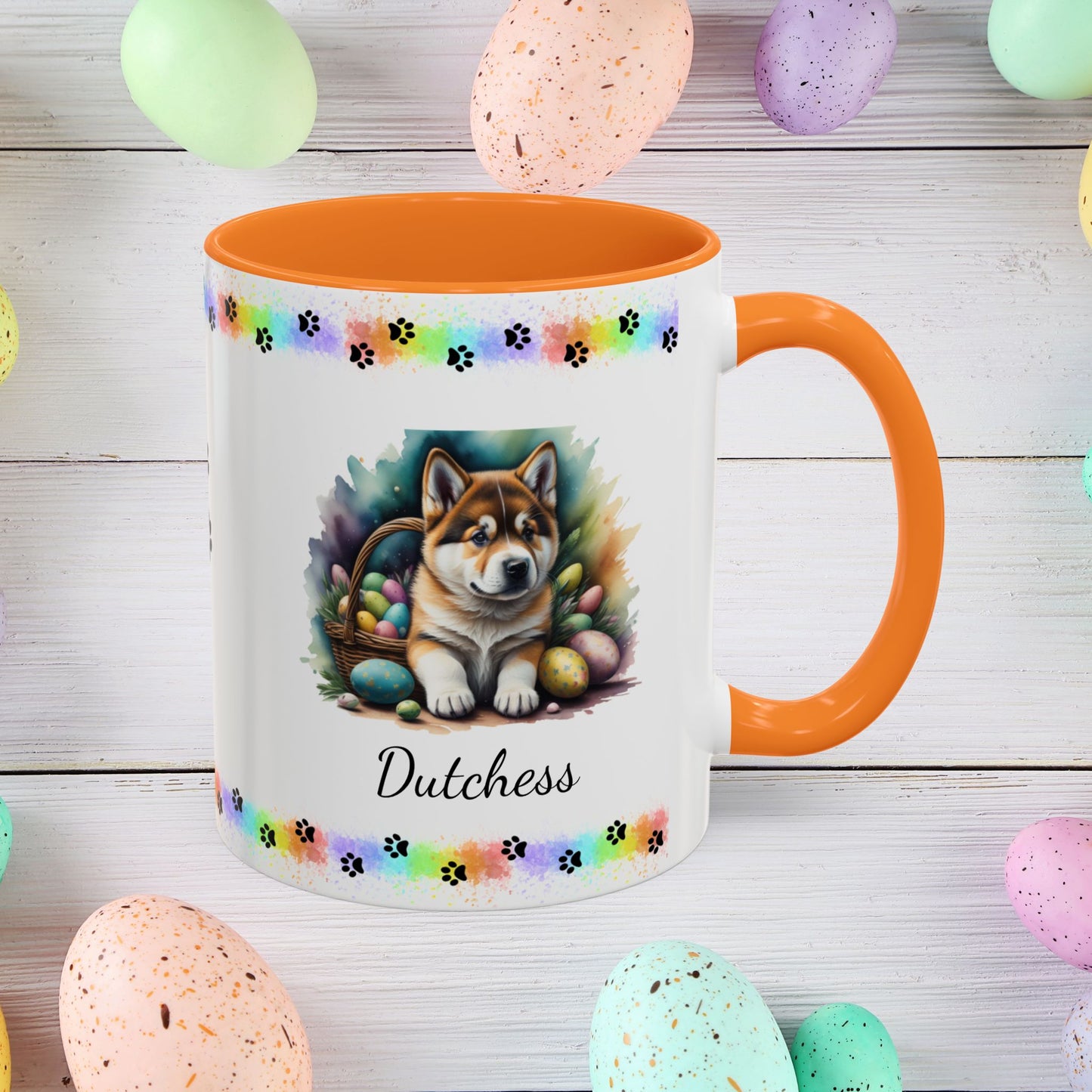 Akita personalized Easter puppy mug, cute dog coffee cup gift for mental health awareness and cozy sipping