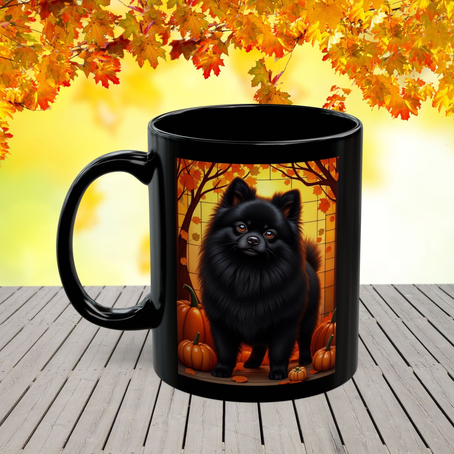 Pomeranian Black - Custom name autumn coffee mug, dog parent gift for Pomeranian lovers