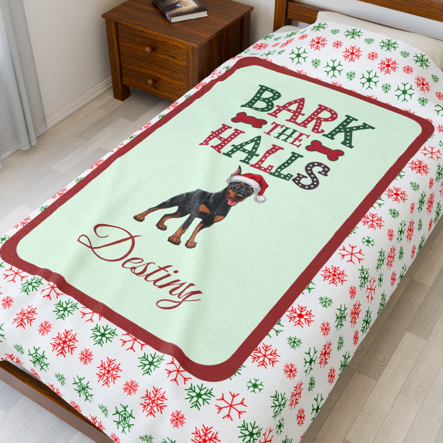 Doberman Pinscher Black and Rust velveteen blanket Bark The Halls cozy holiday gift for Doberman moms and dog dads