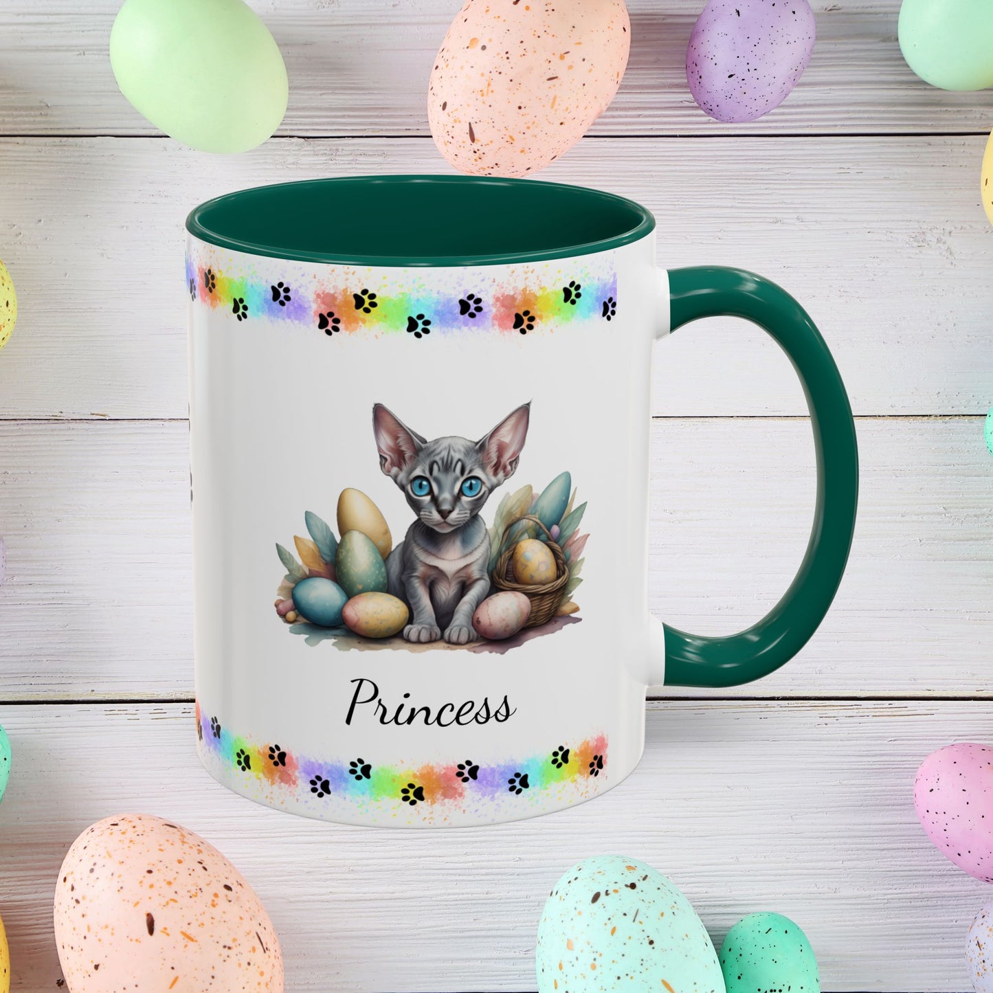 Sphynx personalized Easter coffee mug, adorable kitten design, cute cat gift for mental health support