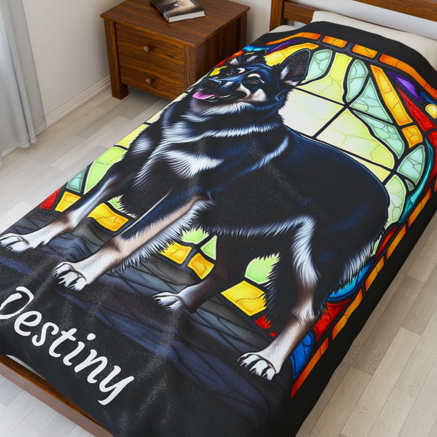 German Shepherd Black & Silver Coat Blanket, Custom Stained Glass Dog Throw, Pet Owner Gift