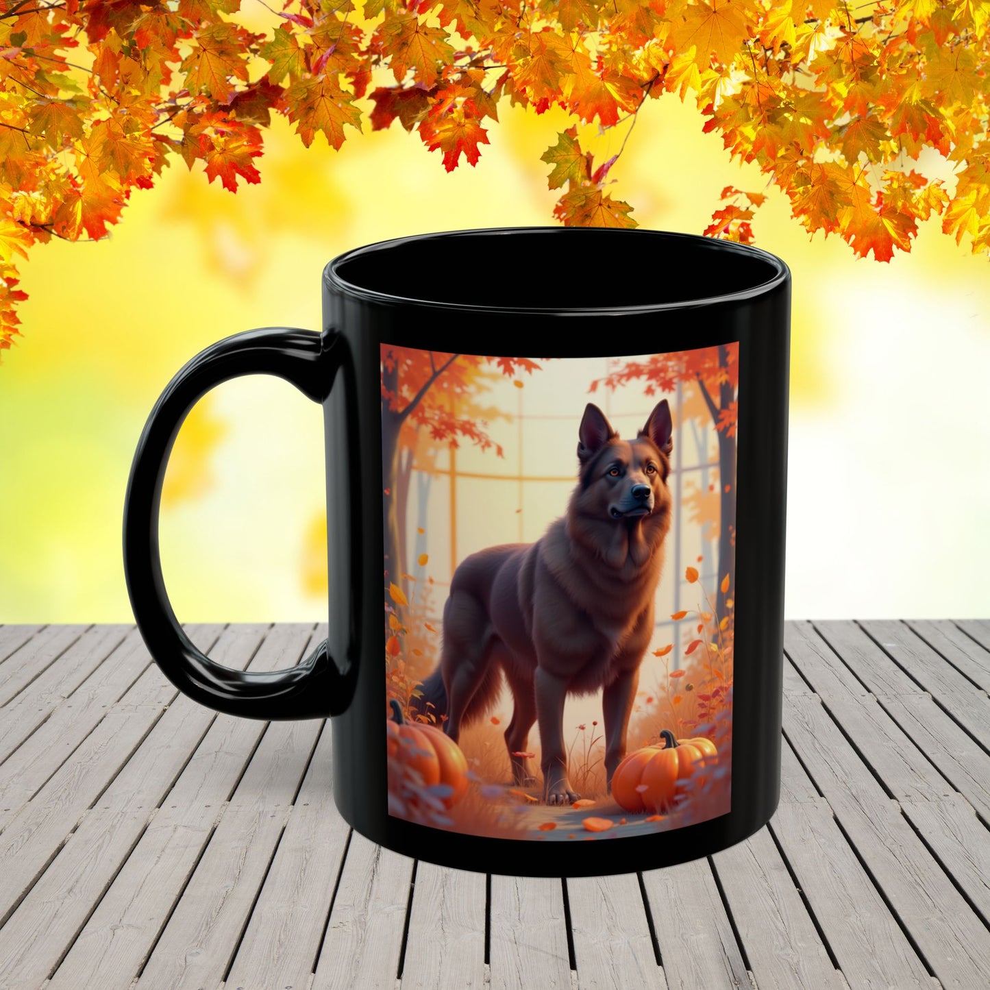 German Shepherd Liver - Autumn personalized mug, custom dog lover coffee cup for GSD enthusiasts