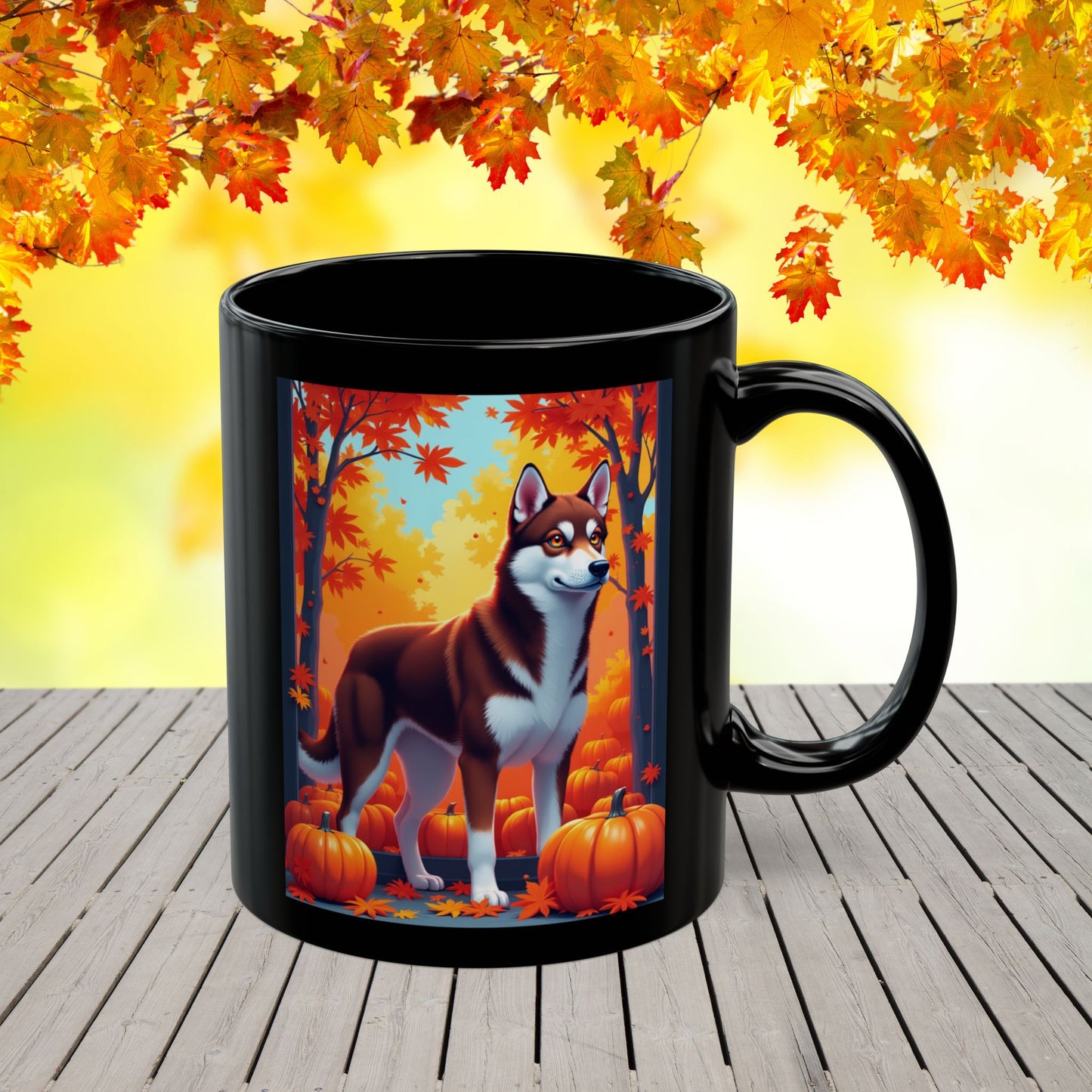 Dark Red & White Husky (Amber Eyes) autumn mug, personalized coffee cup for Husky parents and dog lovers